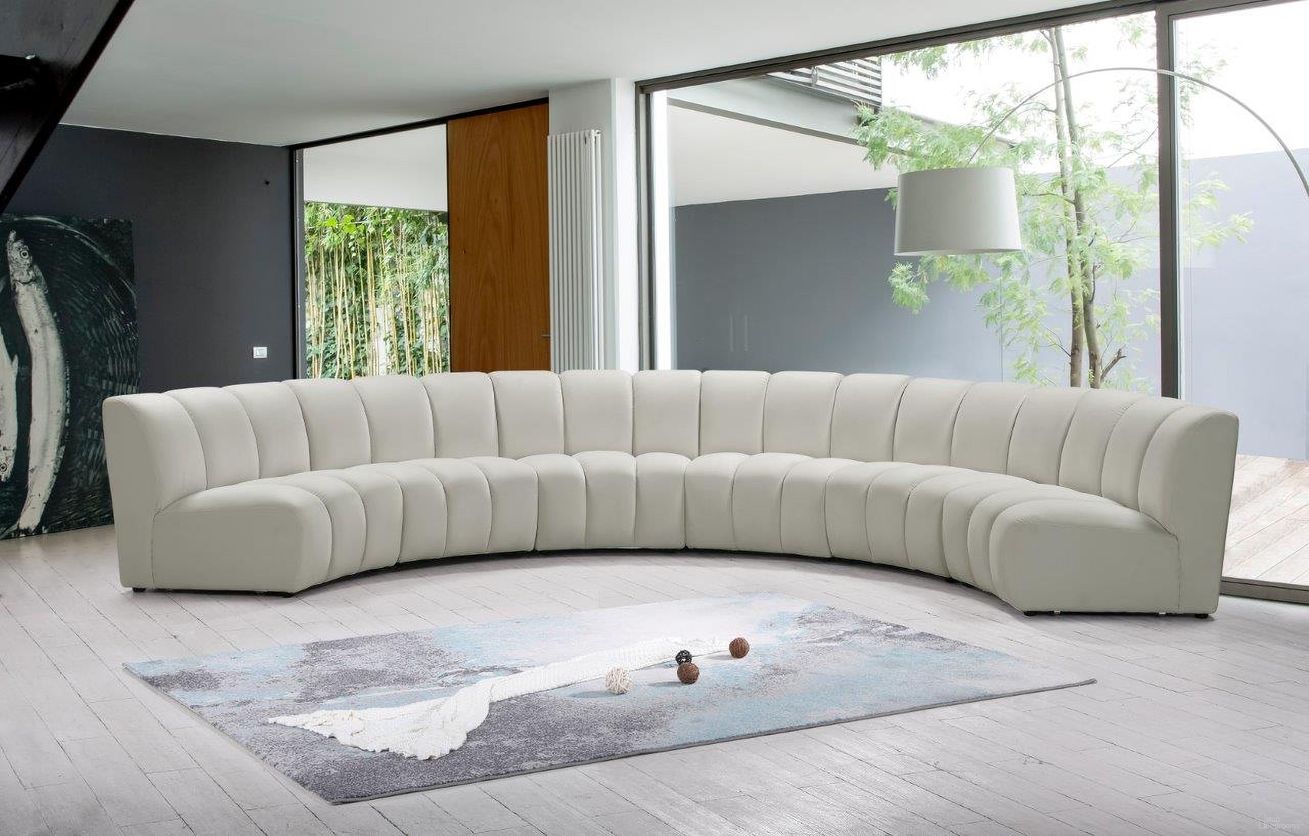The appearance of Infinity 6-Piece Velvet Modular Sectional In Cream designed by Meridian in the modern / contemporary interior design. This cream velvet piece of furniture was selected by 1StopBedrooms from Infinity Collection to add a touch of cosiness and style into your home. Sku: 638Cream-C;638Cream-C;638Cream-C;638Cream-C;638Cream-C;638Cream-C. Material: Velvet. Layout: Curved.