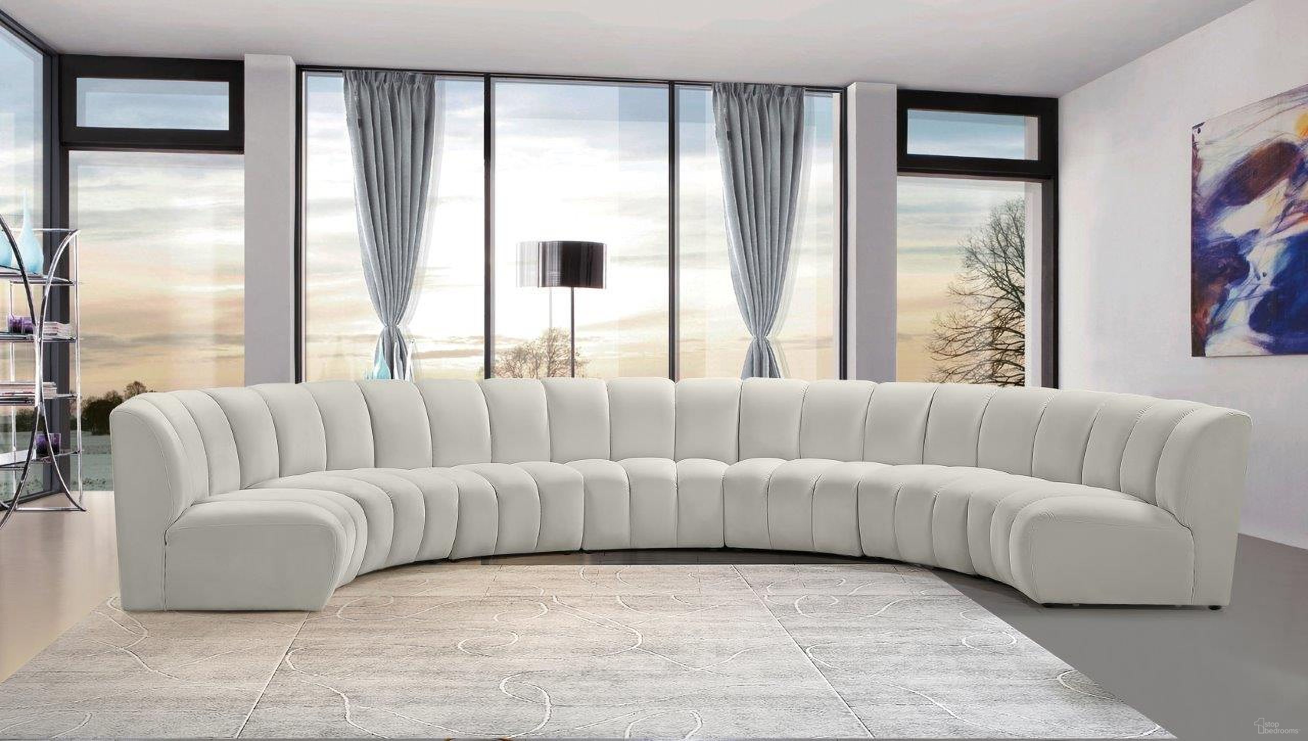 The appearance of Infinity 7-Piece Velvet Modular Sectional In Cream designed by Meridian in the modern / contemporary interior design. This cream velvet piece of furniture was selected by 1StopBedrooms from Infinity Collection to add a touch of cosiness and style into your home. Sku: 638Cream-C;638Cream-C;638Cream-C;638Cream-C;638Cream-C;638Cream-C;638Cream-C. Material: Velvet. Layout: Curved.