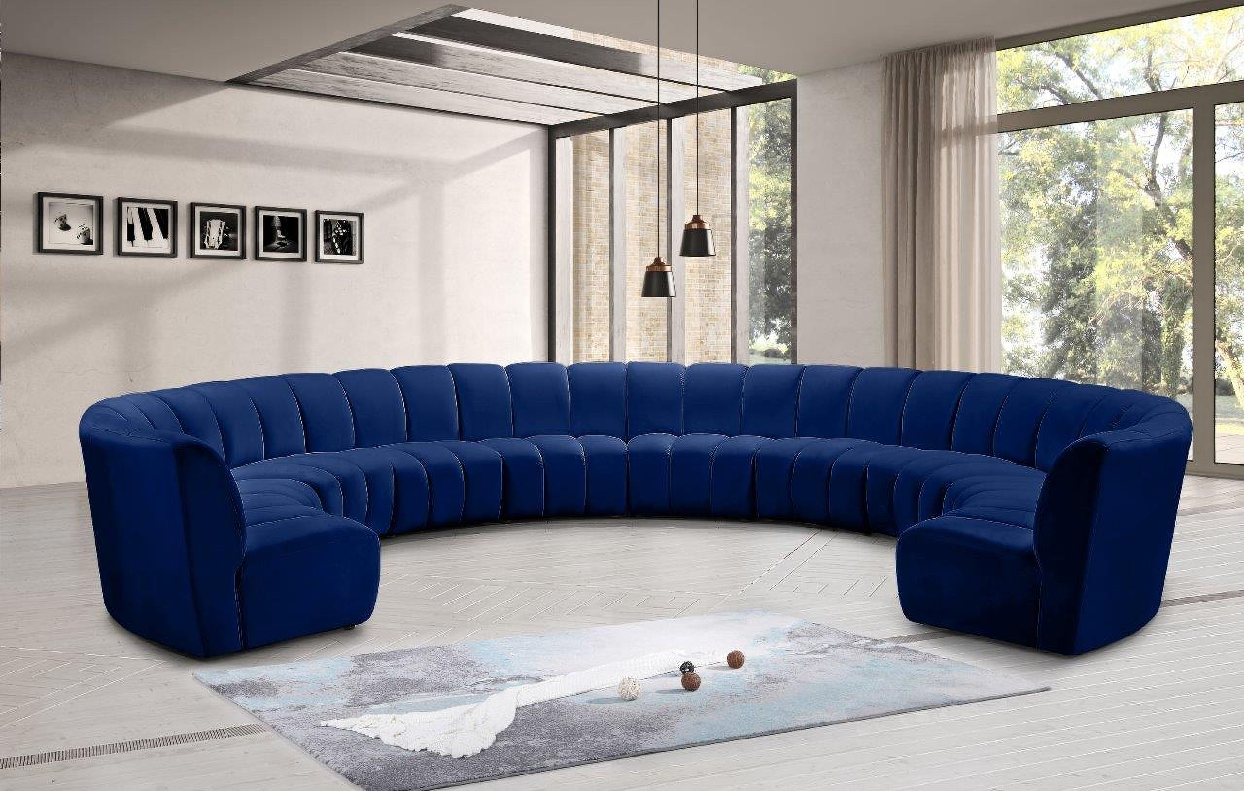 The appearance of Infinity 10-Piece Velvet Modular Sectional In Navy designed by Meridian in the modern / contemporary interior design. This navy piece of furniture was selected by 1StopBedrooms from Infinity Collection to add a touch of cosiness and style into your home. Sku: 638Navy-C;638Navy-C;638Navy-C;638Navy-C;638Navy-C;638Navy-C;638Navy-C;638Navy-C;638Navy-C;638Navy-C. Material: Velvet. Layout: Curved.