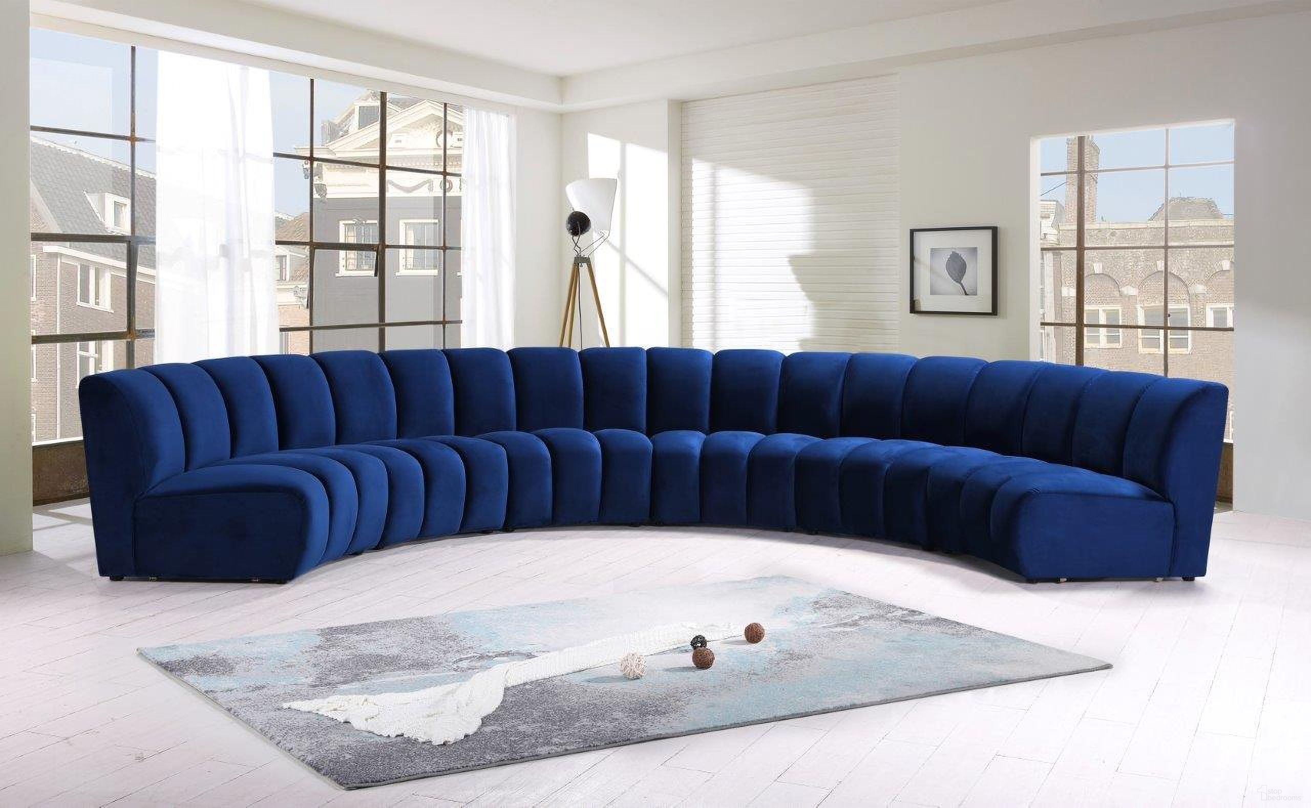 The appearance of Infinity 6-Piece Velvet Modular Sectional In Navy designed by Meridian in the modern / contemporary interior design. This navy piece of furniture was selected by 1StopBedrooms from Infinity Collection to add a touch of cosiness and style into your home. Sku: 638Navy-C;638Navy-C;638Navy-C;638Navy-C;638Navy-C;638Navy-C. Material: Velvet. Layout: Curved.