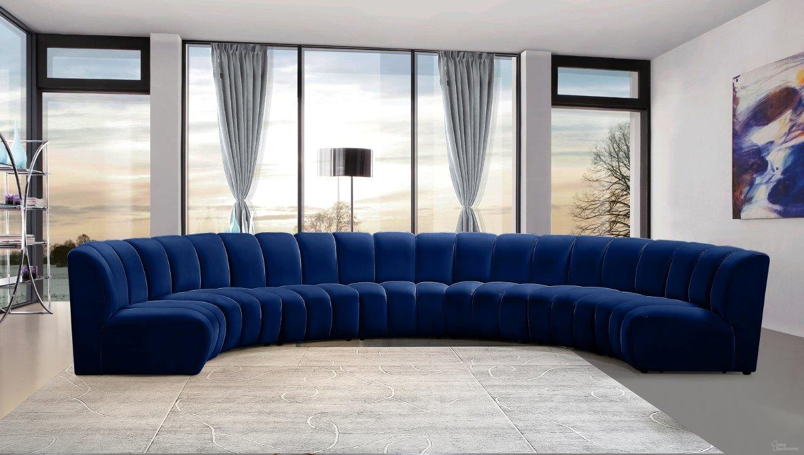 The appearance of Infinity 7-Piece Velvet Modular Sectional In Navy designed by Meridian in the modern / contemporary interior design. This navy piece of furniture was selected by 1StopBedrooms from Infinity Collection to add a touch of cosiness and style into your home. Sku: 638Navy-C;638Navy-C;638Navy-C;638Navy-C;638Navy-C;638Navy-C;638Navy-C. Material: Velvet. Layout: Curved.