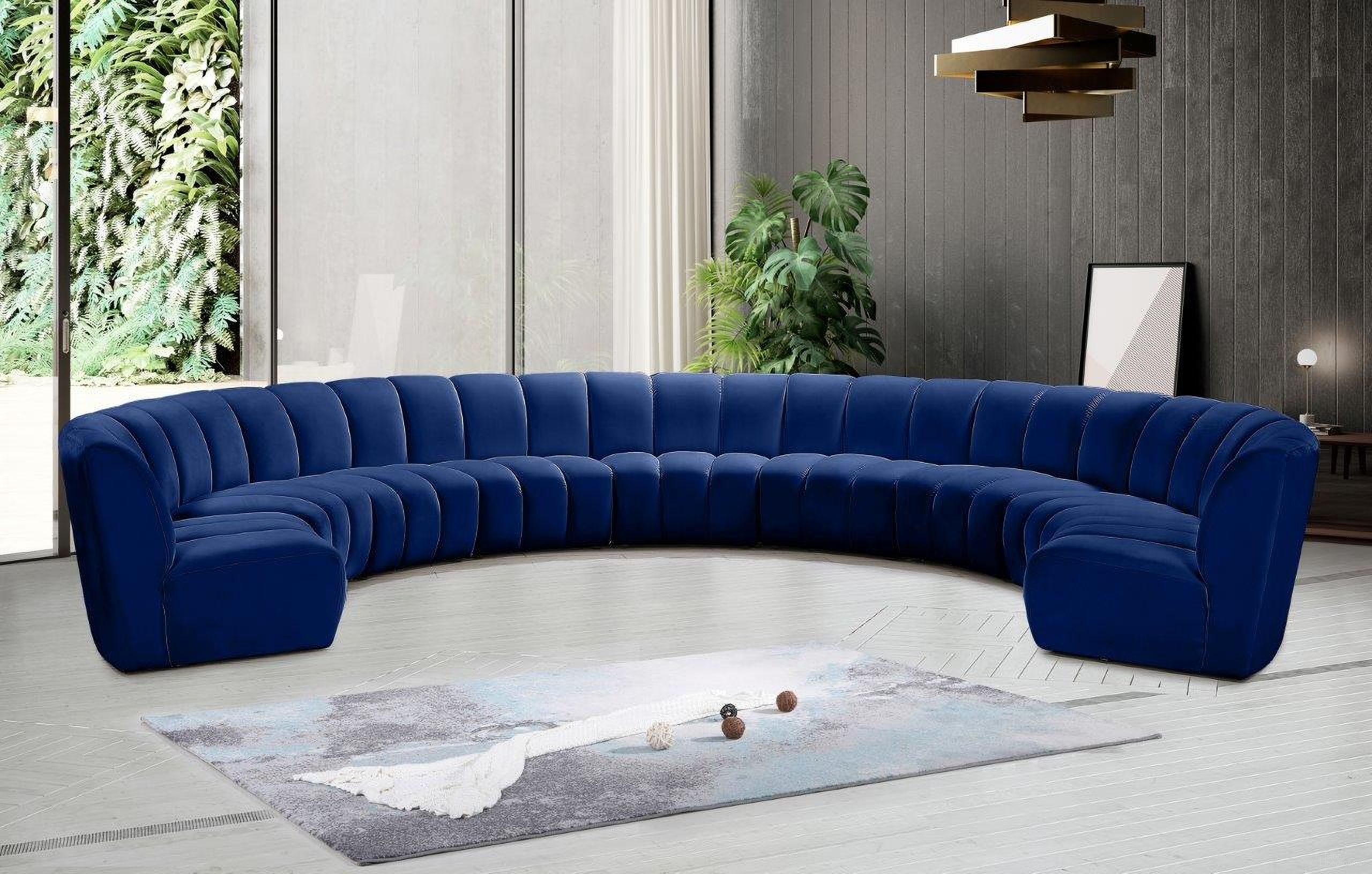 The appearance of Infinity 9-Piece Velvet Modular Sectional In Navy designed by Meridian in the modern / contemporary interior design. This navy piece of furniture was selected by 1StopBedrooms from Infinity Collection to add a touch of cosiness and style into your home. Sku: 638Navy-C;638Navy-C;638Navy-C;638Navy-C;638Navy-C;638Navy-C;638Navy-C;638Navy-C;638Navy-C. Material: Velvet. Layout: Curved.