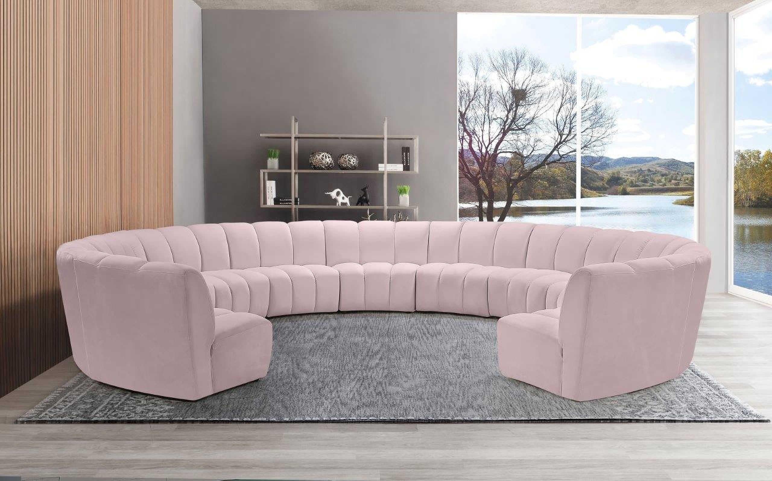 The appearance of Infinity 11-Piece Velvet Modular Sectional In Pink designed by Meridian in the modern / contemporary interior design. This pink piece of furniture  was selected by 1StopBedrooms from Infinity Collection to add a touch of cosiness and style into your home. Sku: 638Pink-C;638Pink-C;638Pink-C;638Pink-C;638Pink-C;638Pink-C;638Pink-C;638Pink-C;638Pink-C;638Pink-C;638Pink-C. Material: Velvet. Layout: Curved.
