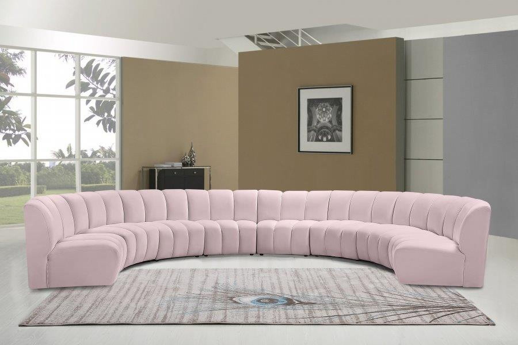 The appearance of Infinity 8-Piece Velvet Modular Sectional In Pink designed by Meridian in the modern / contemporary interior design. This pink piece of furniture  was selected by 1StopBedrooms from Infinity Collection to add a touch of cosiness and style into your home. Sku: 638Pink-C;638Pink-C;638Pink-C;638Pink-C;638Pink-C;638Pink-C;638Pink-C;638Pink-C. Material: Velvet. Layout: Curved.