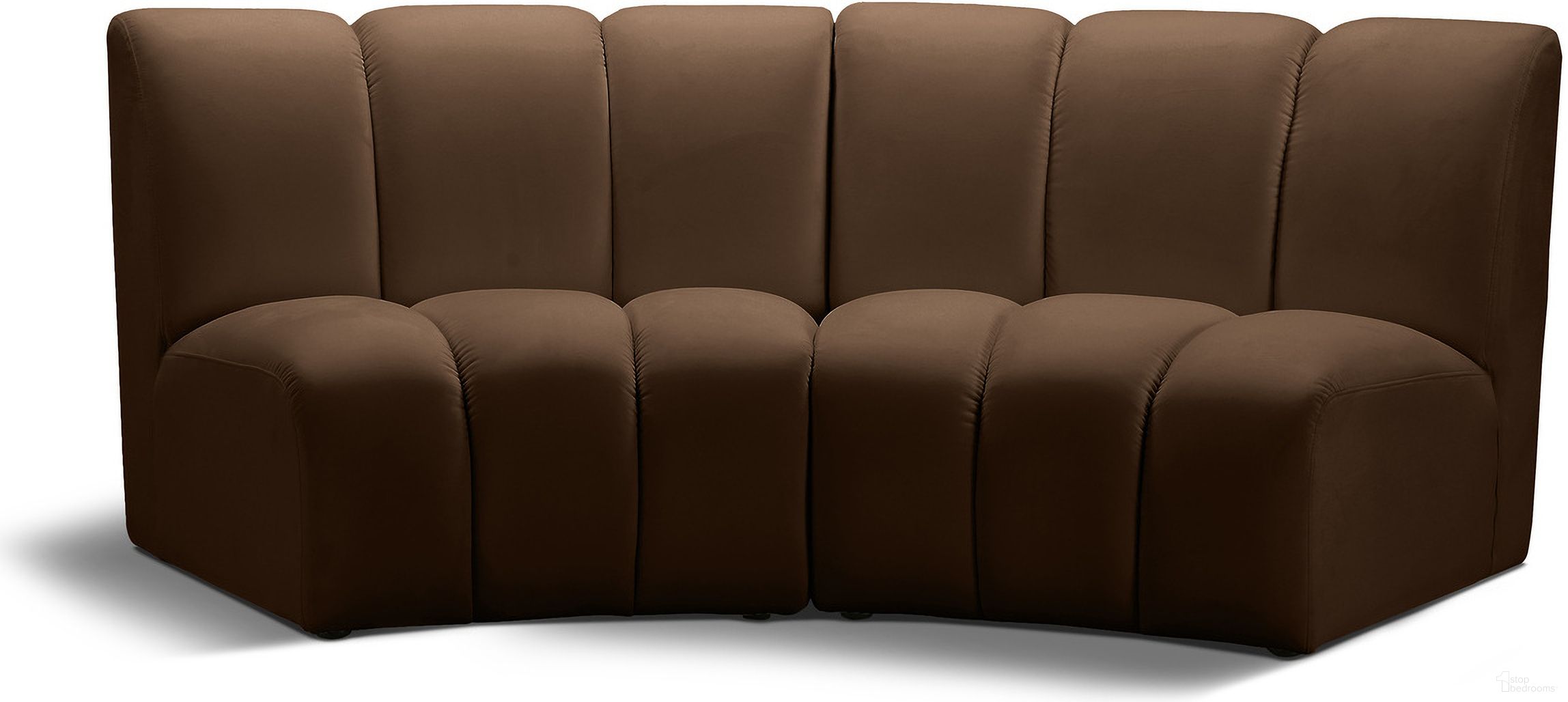 The appearance of Infinity Velvet 2 Piece Modular Sectional In Brown designed by Meridian in the modern / contemporary interior design. This brown velvet piece of furniture  was selected by 1StopBedrooms from Infinity Collection to add a touch of cosiness and style into your home. Sku: 638Brown-C;638Brown-C. Material: Velvet.