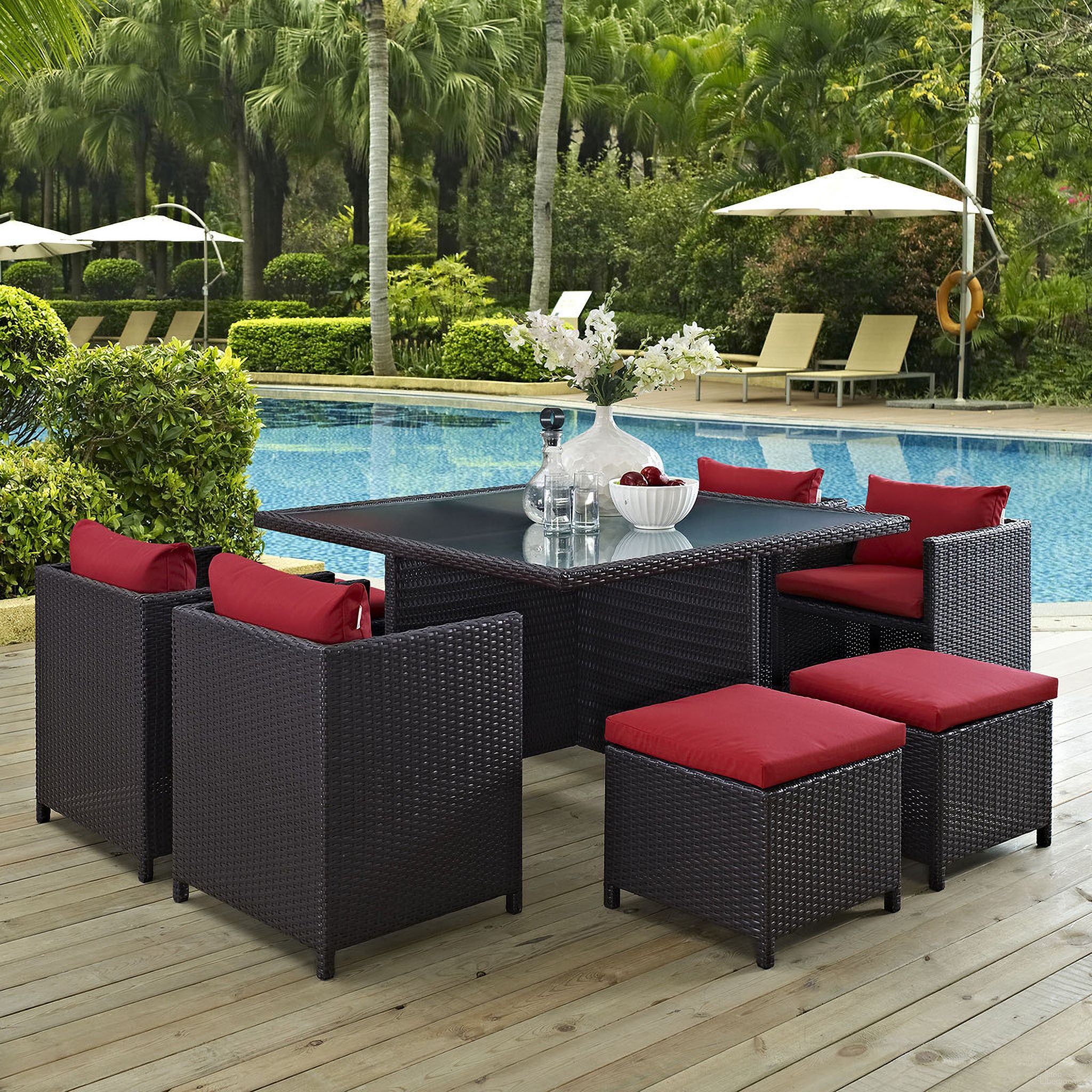 The appearance of Inverse 9-Piece Outdoor Patio Dining Set In Espresso Red designed by Modway in the modern / contemporary interior design. This espresso red piece of furniture was selected by 1StopBedrooms from Inverse Collection to add a touch of cosiness and style into your home. Sku: EEI-1948-RED-Y;EEI-726-EXP-Y. Material: Rattan.