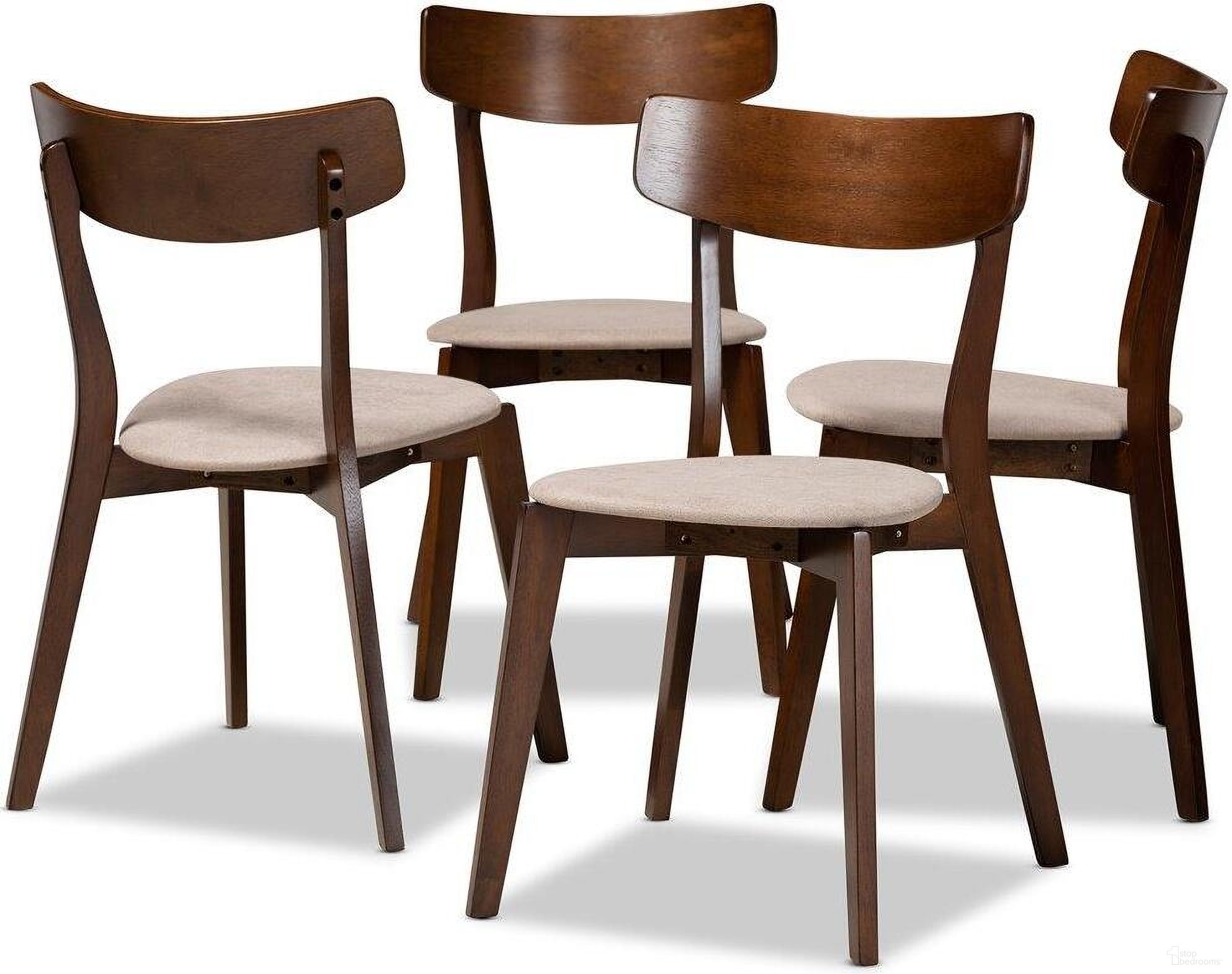 The appearance of Iora Mid-Century Modern Transitional Light Beige Fabric Upholstered and Walnut Brown Finished Wood 4-Piece Dining Chair Set designed by Baxton Studio in the transitional interior design. This light beige piece of furniture  was selected by 1StopBedrooms from Iora Collection to add a touch of cosiness and style into your home. Sku: Iora-Latte/Walnut-DC. Material: Rubberwood. Chair Type: Side Chair.