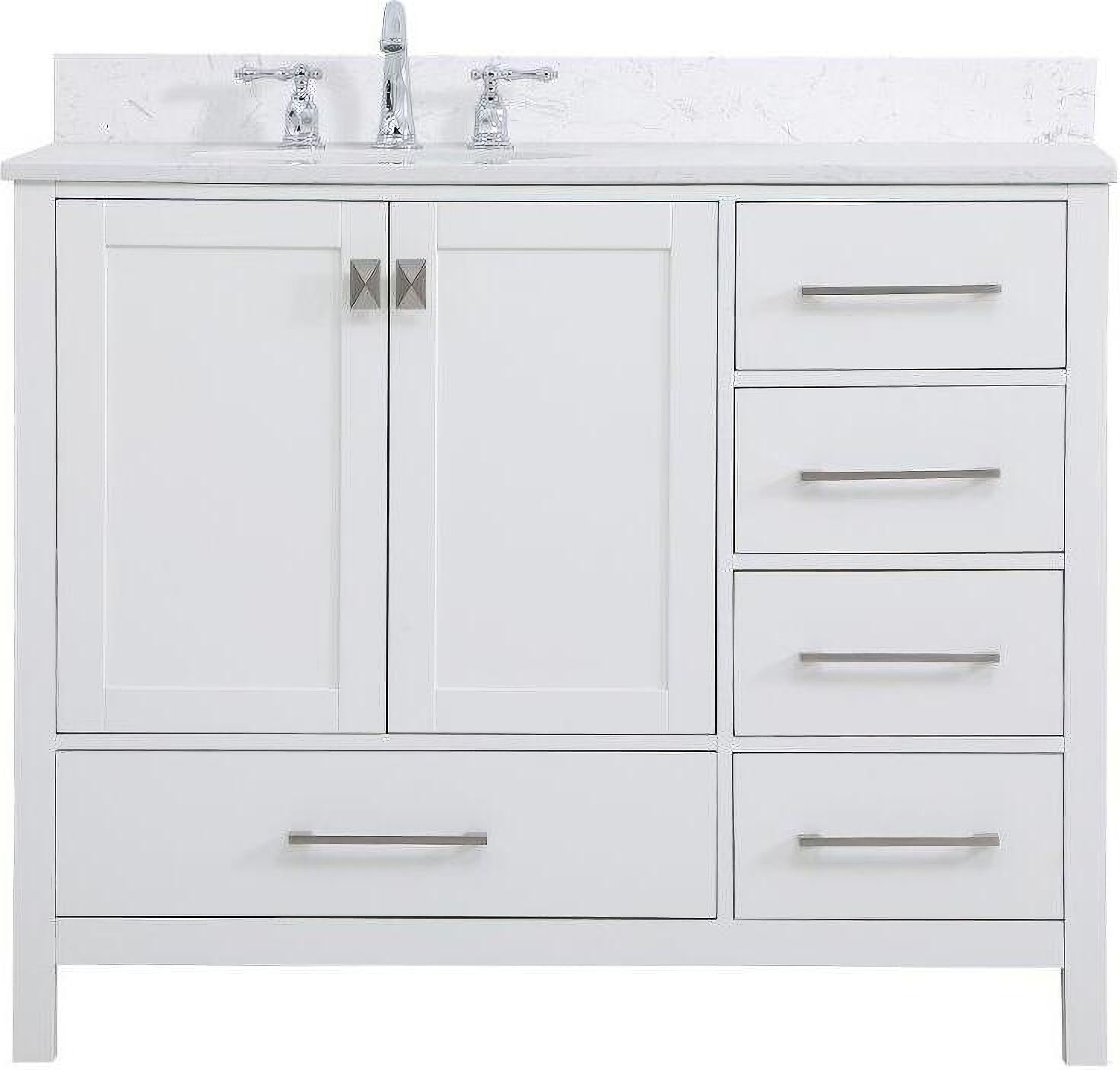 The appearance of Irene 42 Inch Single Bathroom Vanity In White With Backsplash designed by Elegant Lighting in the traditional interior design. This white piece of furniture  was selected by 1StopBedrooms from Irene Collection to add a touch of cosiness and style into your home. Sku: VF18842WH-BS. Material: Wood.