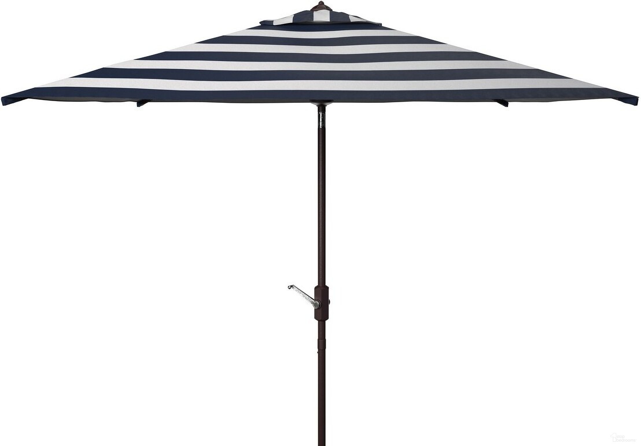 The appearance of Iris Fashion Line 7.5 Ft Square Umbrella In White/Navy designed by Safavieh in the modern / contemporary interior design. This white navy piece of furniture was selected by 1StopBedrooms from Iris Collection to add a touch of cosiness and style into your home. Sku: PAT8404B. Material: Aluminum.