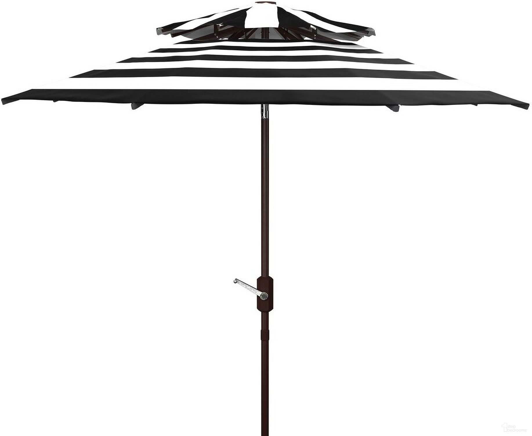 The appearance of Iris Fashion Line 9Ft Double Top Umbrella In Black and White designed by Safavieh in the modern / contemporary interior design. This black and white piece of furniture was selected by 1StopBedrooms from Iris Collection to add a touch of cosiness and style into your home. Sku: PAT8204A. Material: Aluminum.