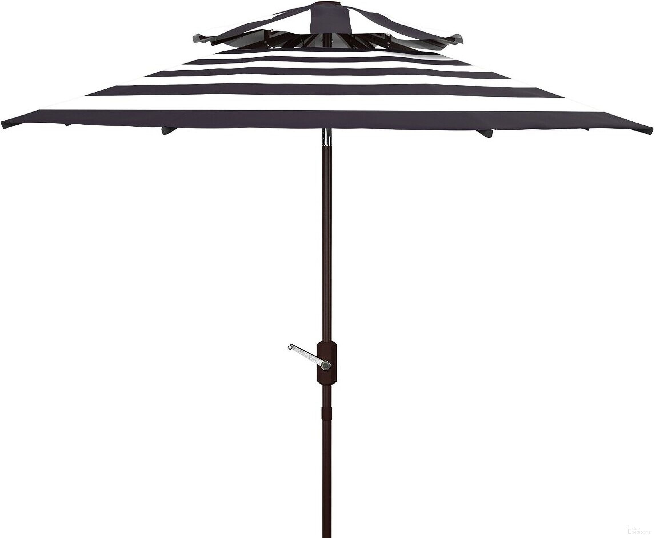 The appearance of Iris Fashion Line 9Ft Double Top Umbrella In White/Navy designed by Safavieh in the modern / contemporary interior design. This white navy piece of furniture was selected by 1StopBedrooms from Iris Collection to add a touch of cosiness and style into your home. Sku: PAT8204B. Material: Aluminum.