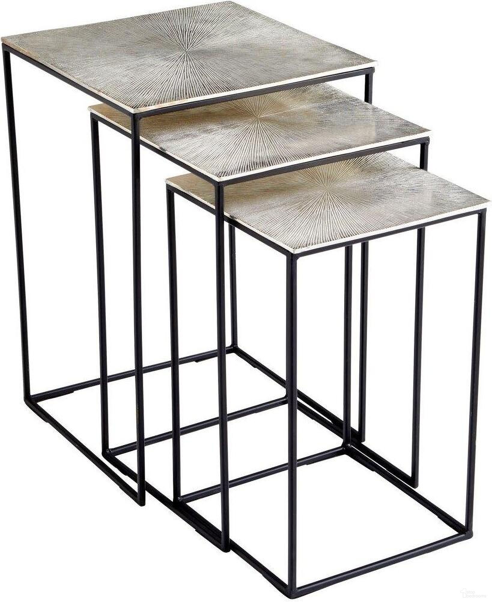 The appearance of Irvine Silver Raw Nickel And Black Nesting Tables designed by Cyan Design in the modern / contemporary interior design. This silver and grey piece of furniture  was selected by 1StopBedrooms from  to add a touch of cosiness and style into your home. Sku: 09717. Material: Aluminum.
