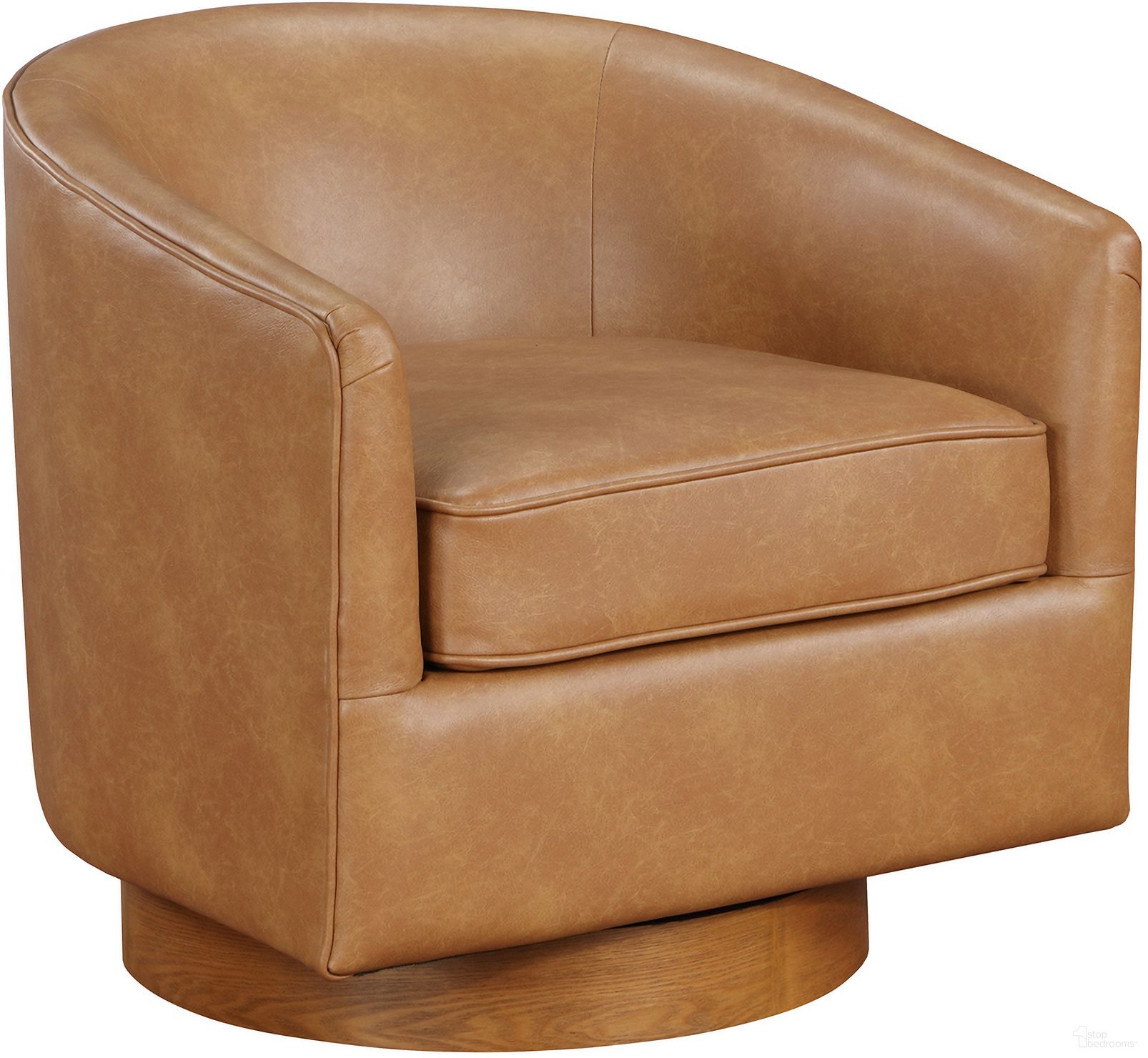 The appearance of Irving Faux Leather Wood Base Barrel Swivel Chair In Saddle designed by Comfort Pointe in the modern / contemporary interior design. This saddle piece of furniture was selected by 1StopBedrooms from Irving Collection to add a touch of cosiness and style into your home. Sku: 8075-56. Material: Faux Leather.