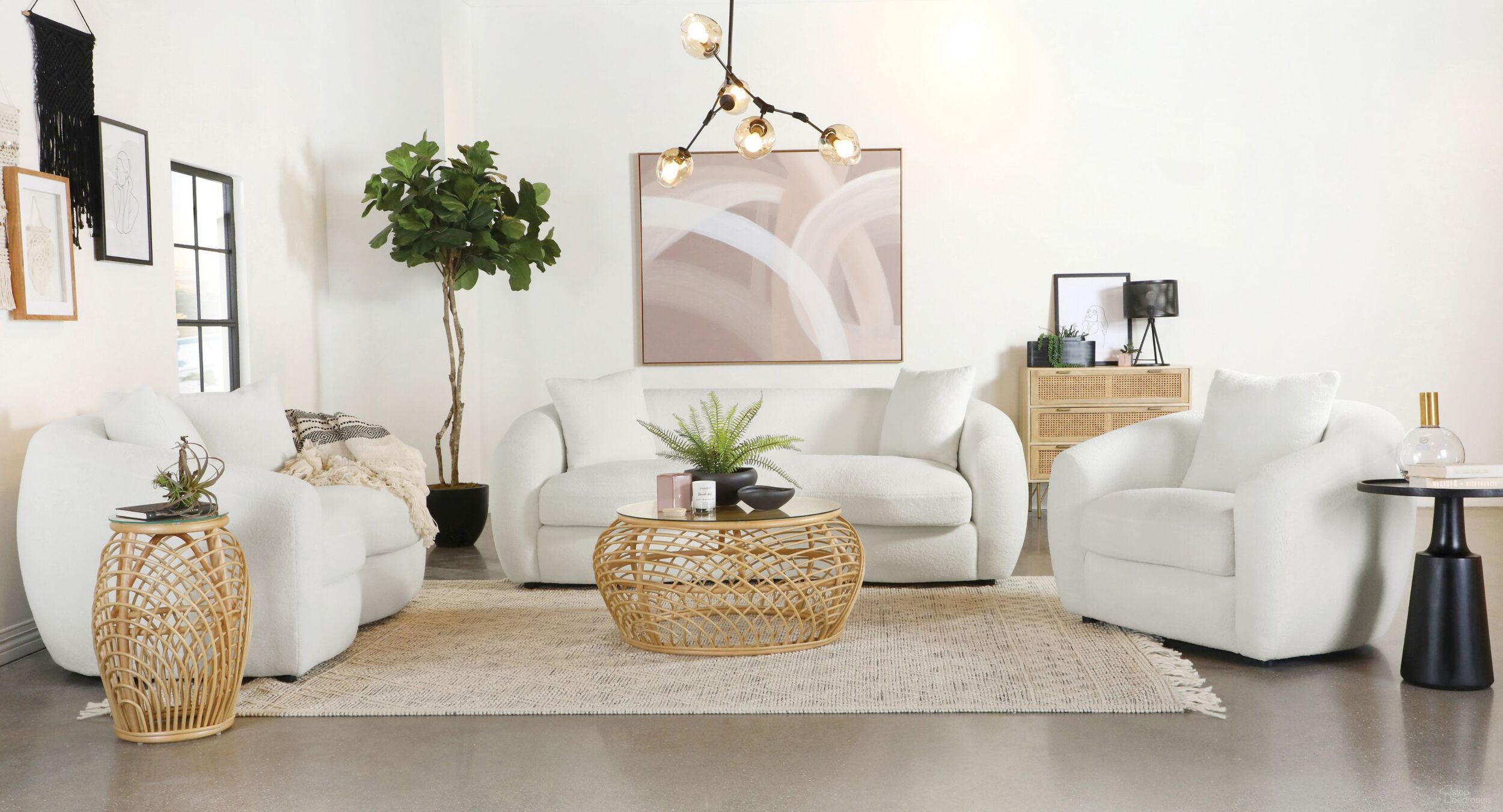 The appearance of Isabella Upholstered Living Room Set In Natural designed by Coaster in the modern / contemporary interior design. This natural piece of furniture  was selected by 1StopBedrooms from Isabella Collection to add a touch of cosiness and style into your home. Sku: 509871;509872. Material: Boucle.