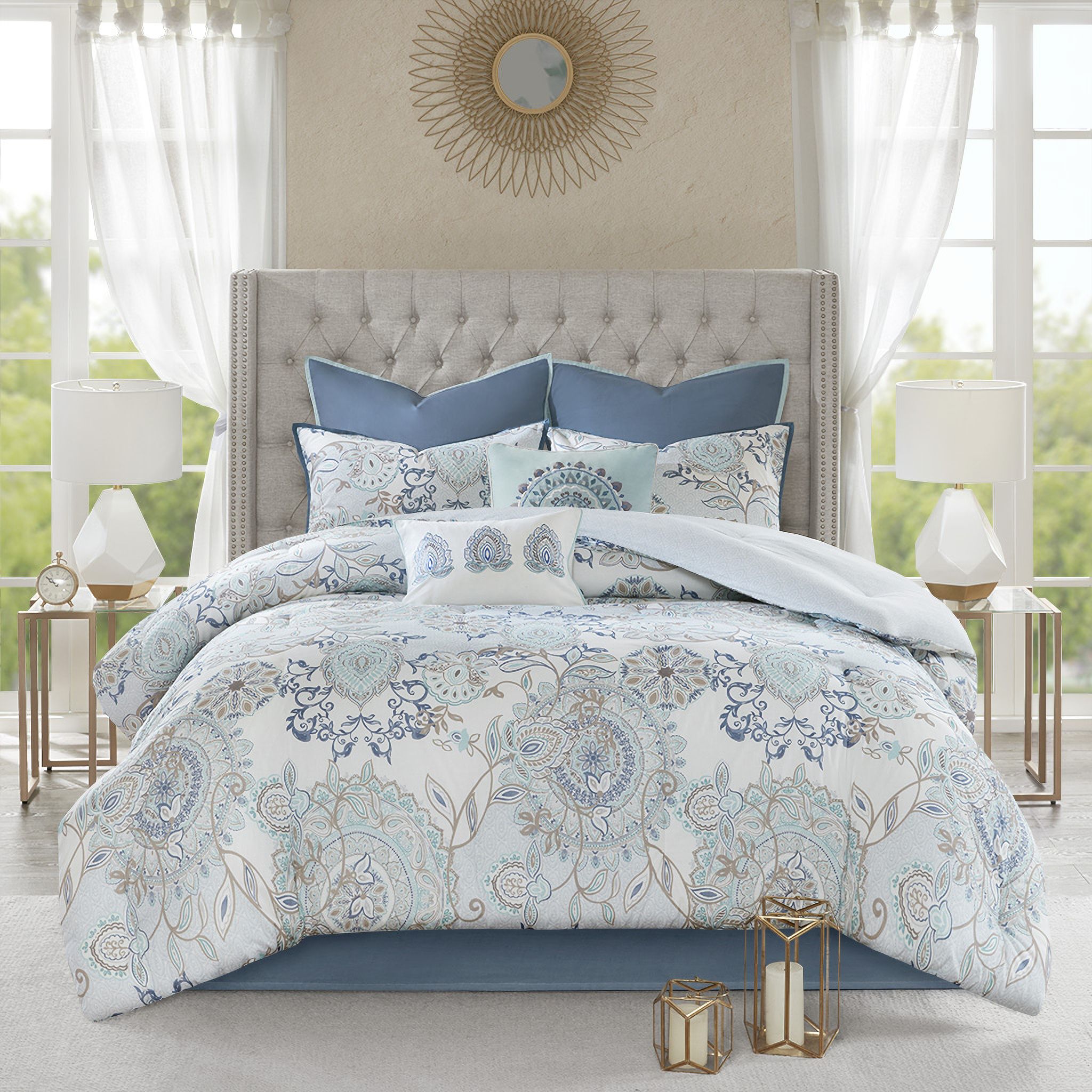 The appearance of Isla Cotton Printed Reversible 8 Piece Queen Comforter Set In Blue designed by Olliix in the modern / contemporary interior design. This blue piece of furniture  was selected by 1StopBedrooms from Isla Collection to add a touch of cosiness and style into your home. Sku: MP10-5803. Material: Polyester. Bed Size: Queen.
