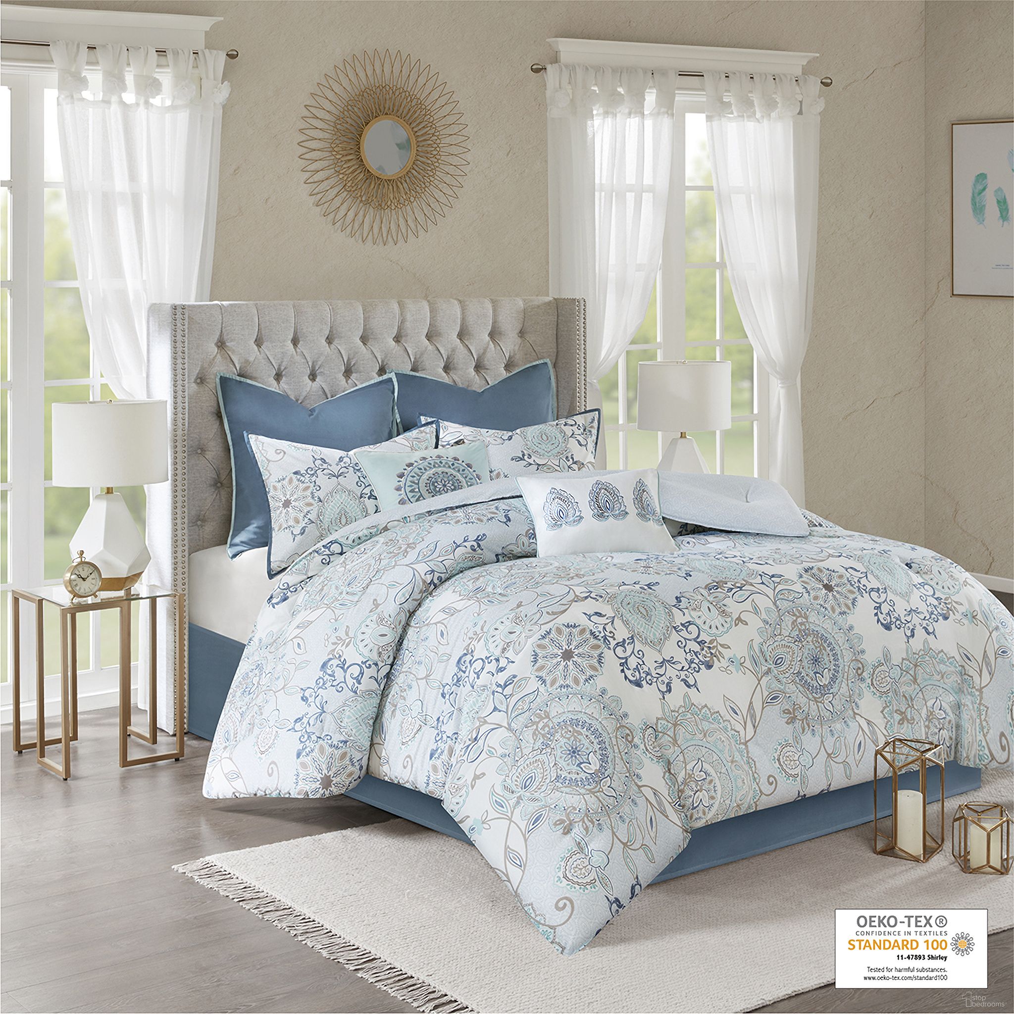 The appearance of Isla Cotton Printed Reversible 8 Piece King Comforter Set In Blue designed by Olliix in the modern / contemporary interior design. This blue piece of furniture  was selected by 1StopBedrooms from Isla Collection to add a touch of cosiness and style into your home. Sku: MP10-5804. Material: Polyester. Bed Size: King.