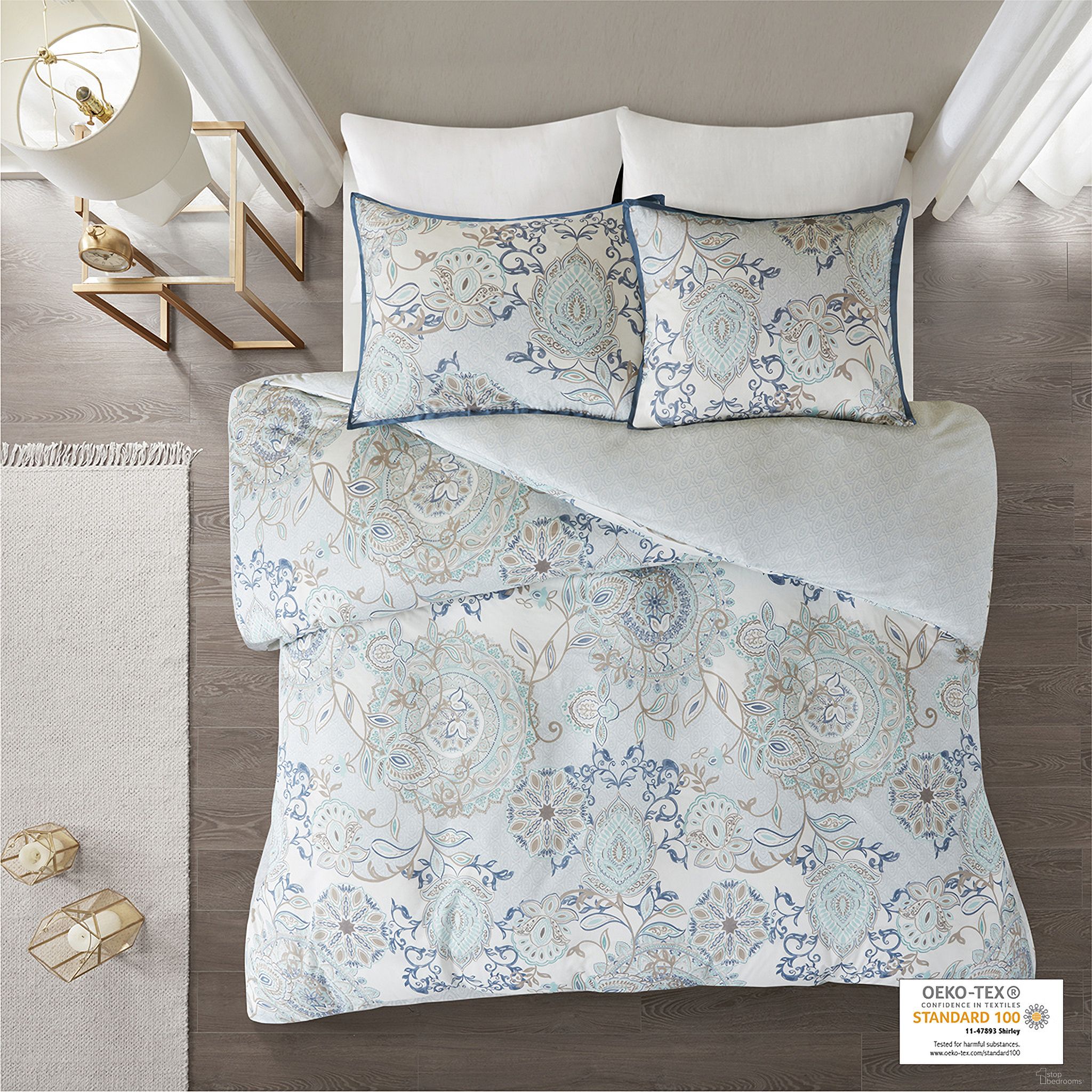 The appearance of Isla Cotton Printed Reversible 3 Piece Queen Duvet Cover Set In Blue designed by Olliix in the modern / contemporary interior design. This blue piece of furniture was selected by 1StopBedrooms from Isla Collection to add a touch of cosiness and style into your home. Sku: MP12-5806. Material: Polyester. Bed Size: Queen.
