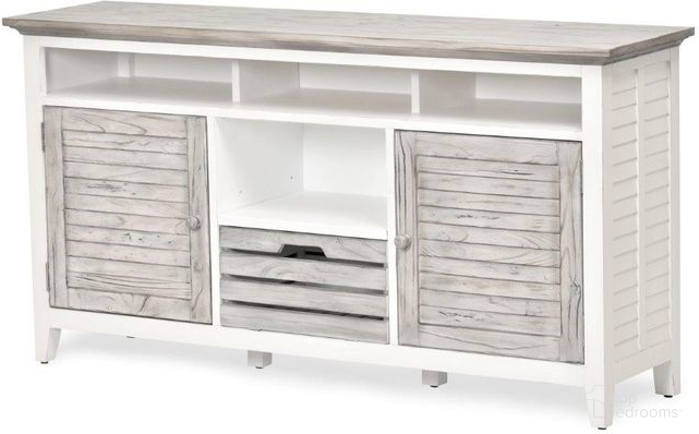 The appearance of Islamorada Entertainment Center In White And Grey designed by Sea Winds Trading in the transitional interior design. This white and grey piece of furniture  was selected by 1StopBedrooms from Islamorada Collection to add a touch of cosiness and style into your home. Sku: B23319-DAPGREY. Material: Wood.