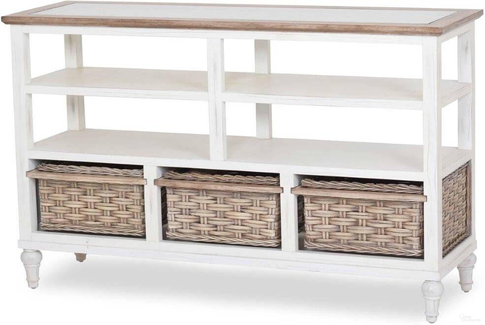 The appearance of Island Breeze 3 Basket Entertainment Center In White And Brown designed by Sea Winds Trading in the transitional interior design. This white and brown piece of furniture  was selected by 1StopBedrooms from Island Breeze Collection to add a touch of cosiness and style into your home. Sku: B59108-WD/WH. Material: Wood.