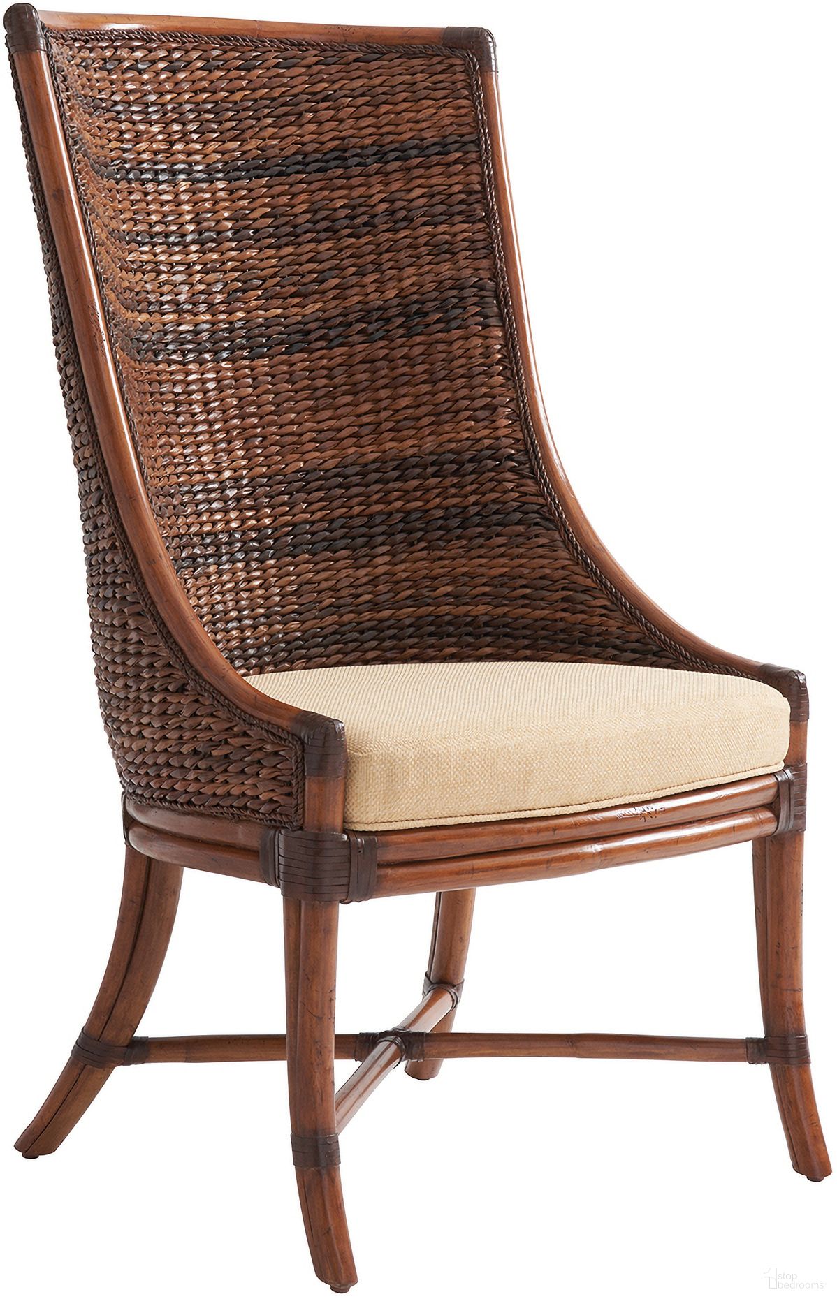 The appearance of Island Estate Cruz Bay Host Chair In Plantation designed by Tommy Bahama in the bohemian interior design. This plantation piece of furniture was selected by 1StopBedrooms from Island Estate Collection to add a touch of cosiness and style into your home. Sku: 531-885-01. Material: Rattan.