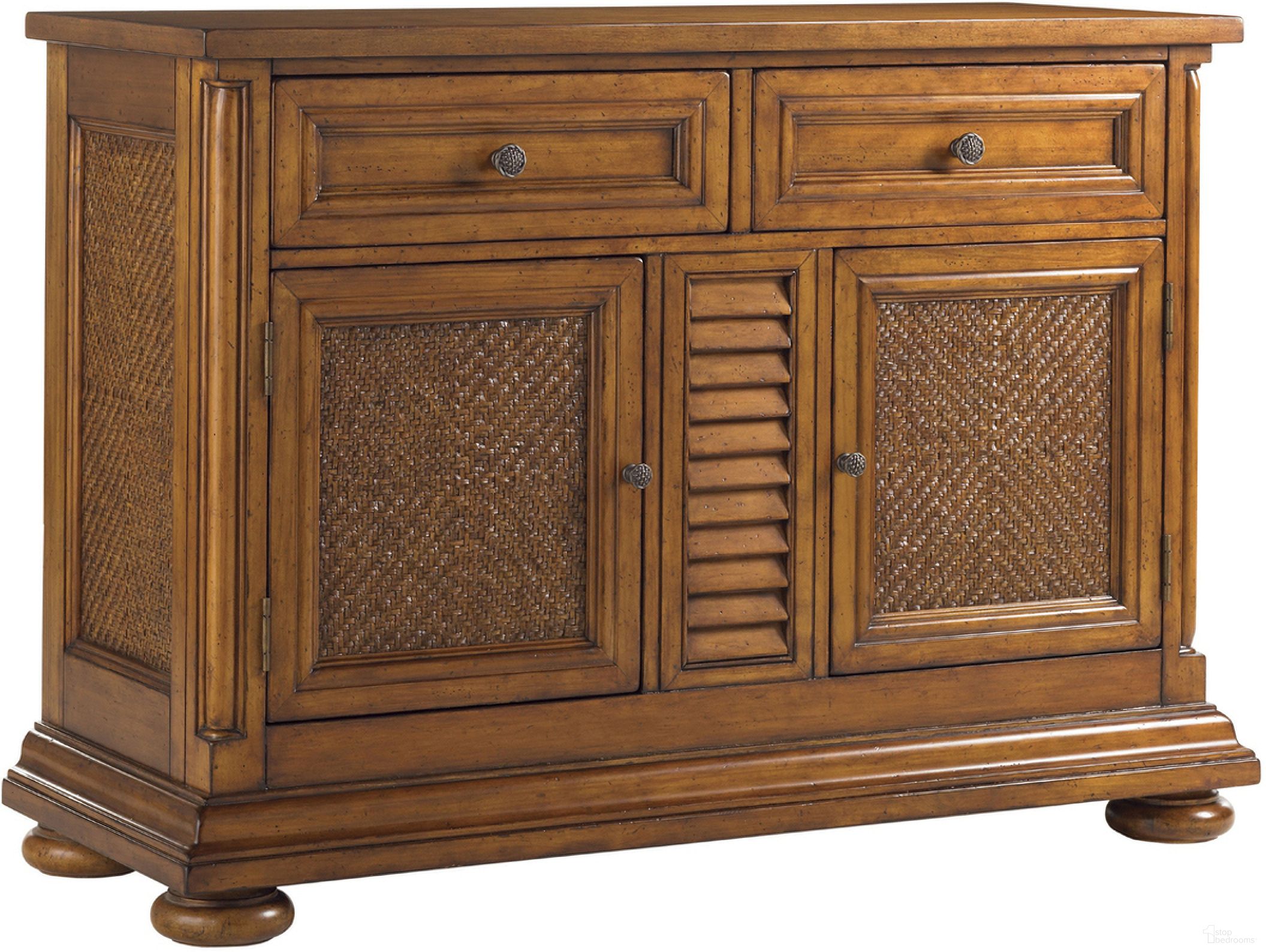 The appearance of Island Estate Antigua Server In Plantation designed by Tommy Bahama in the traditional interior design. This plantation piece of furniture was selected by 1StopBedrooms from Island Estate Collection to add a touch of cosiness and style into your home. Sku: 531-862. Material: Rattan.