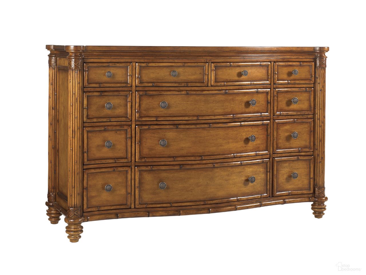 The appearance of Island Estate Barbados Triple Dresser In Plantation designed by Tommy Bahama in the traditional interior design. This plantation piece of furniture was selected by 1StopBedrooms from Island Estate Collection to add a touch of cosiness and style into your home. Sku: 531-234. Material: Rattan.