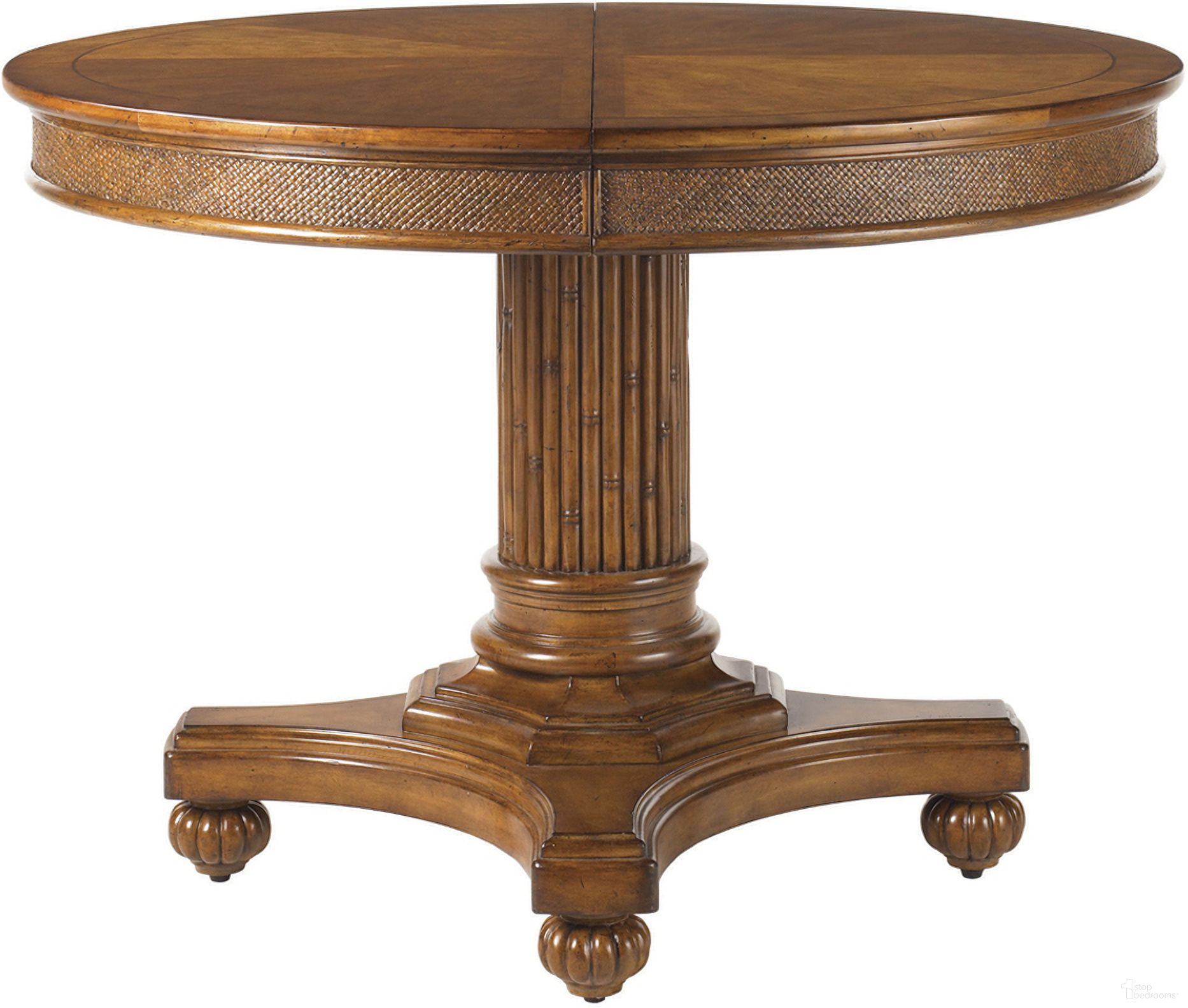 The appearance of Island Estate Cayman Kitchen Table In Plantation designed by Tommy Bahama in the traditional interior design. This plantation piece of furniture was selected by 1StopBedrooms from Island Estate Collection to add a touch of cosiness and style into your home. Sku: 531-870. Table Base Style: Pedestal. Table Top Shape: Round. Material: Rattan. Size: 42".