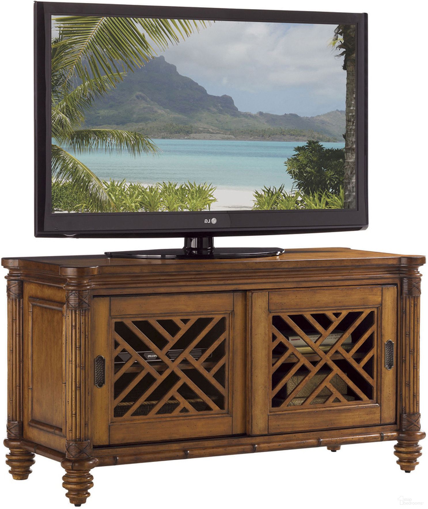 The appearance of Island Estate Grand Bank Media Console In Plantation designed by Tommy Bahama in the traditional interior design. This plantation piece of furniture was selected by 1StopBedrooms from Island Estate Collection to add a touch of cosiness and style into your home. Sku: 531-907. Material: Rattan.
