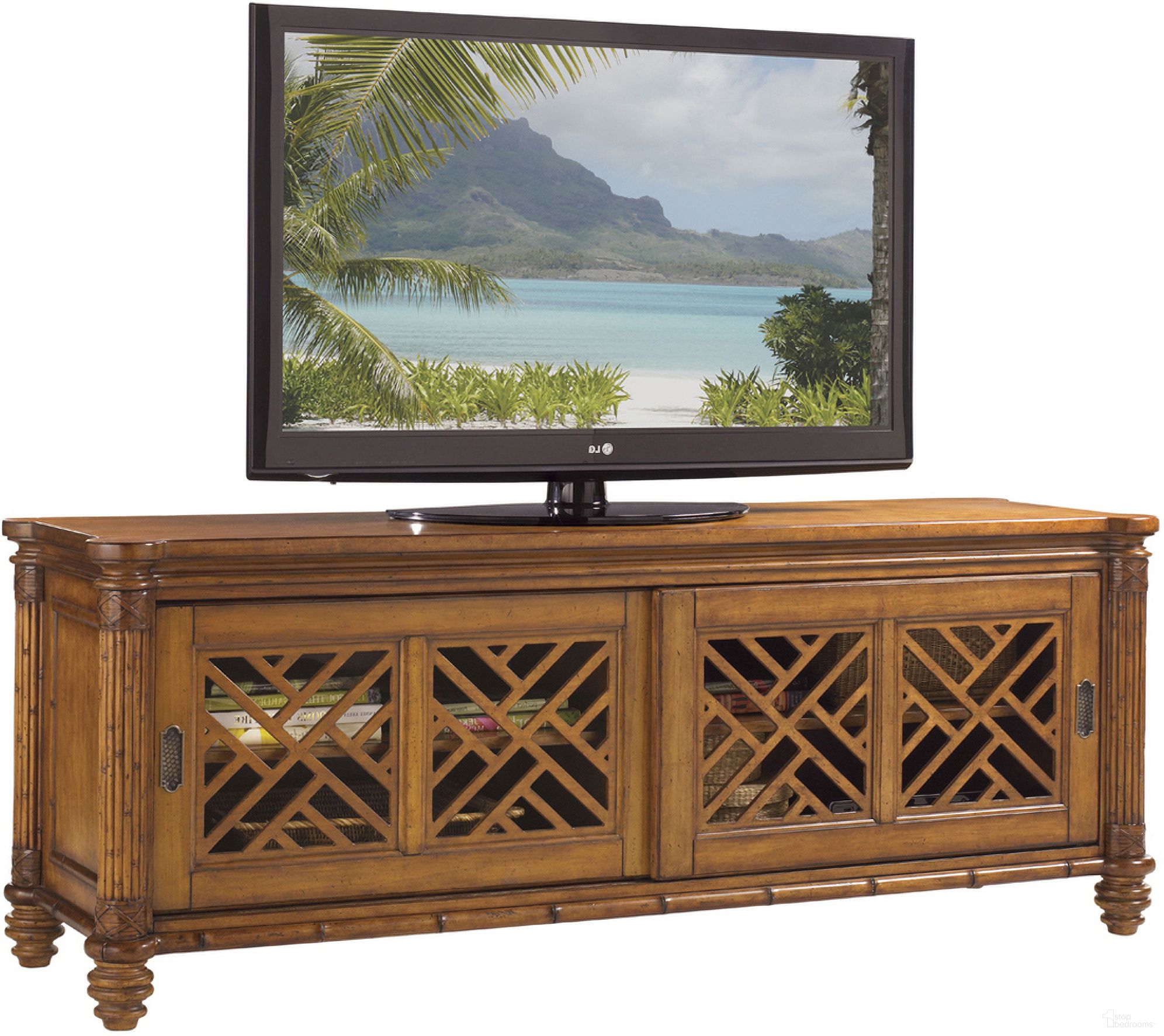 The appearance of Island Estate Nevis Media Console In Plantation designed by Tommy Bahama in the traditional interior design. This plantation piece of furniture was selected by 1StopBedrooms from Island Estate Collection to add a touch of cosiness and style into your home. Sku: 531-909. Material: Rattan.