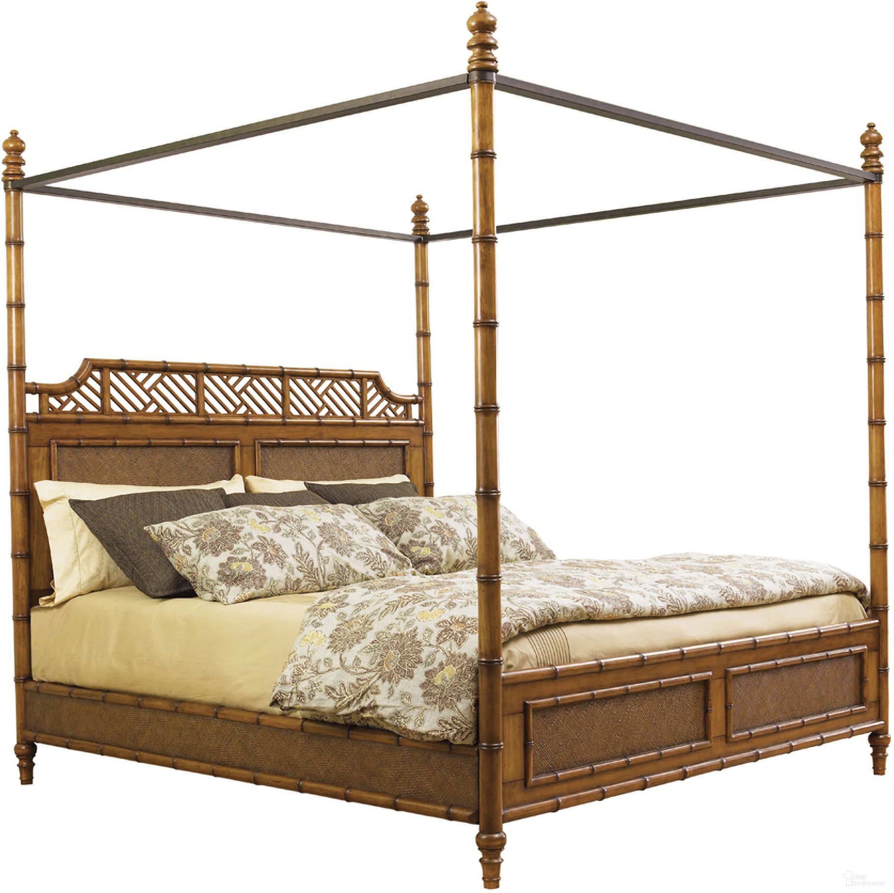 The appearance of Island Estate West Indies King Bed In Plantation designed by Tommy Bahama in the traditional interior design. This plantation piece of furniture was selected by 1StopBedrooms from Island Estate Collection to add a touch of cosiness and style into your home. Sku: 531-164C. Bed Type: Canopy Bed. Bed Size: King. Material: Rattan.
