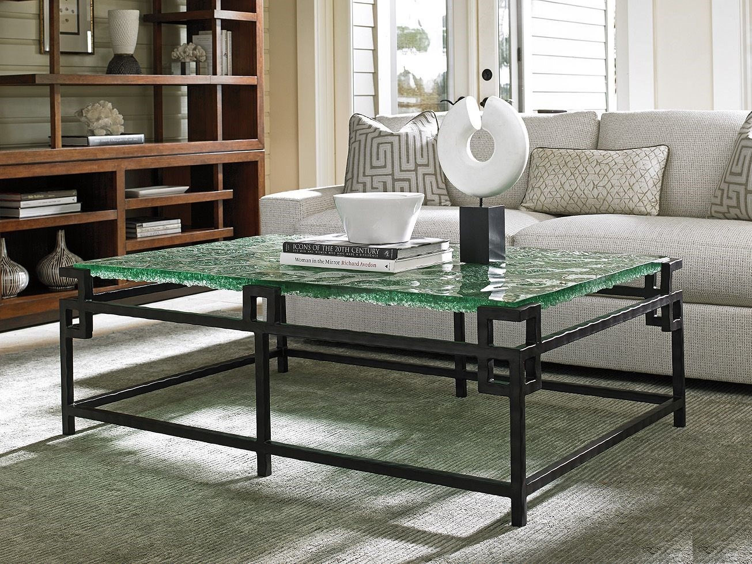 The appearance of Island Fusion Hermes Reef Glass Top Occasional Table Set designed by Tommy Bahama in the transitional interior design. This sebana piece of furniture  was selected by 1StopBedrooms from Island Fusion Collection to add a touch of cosiness and style into your home. Sku: 556-947C;556-952C. Material: Wood.