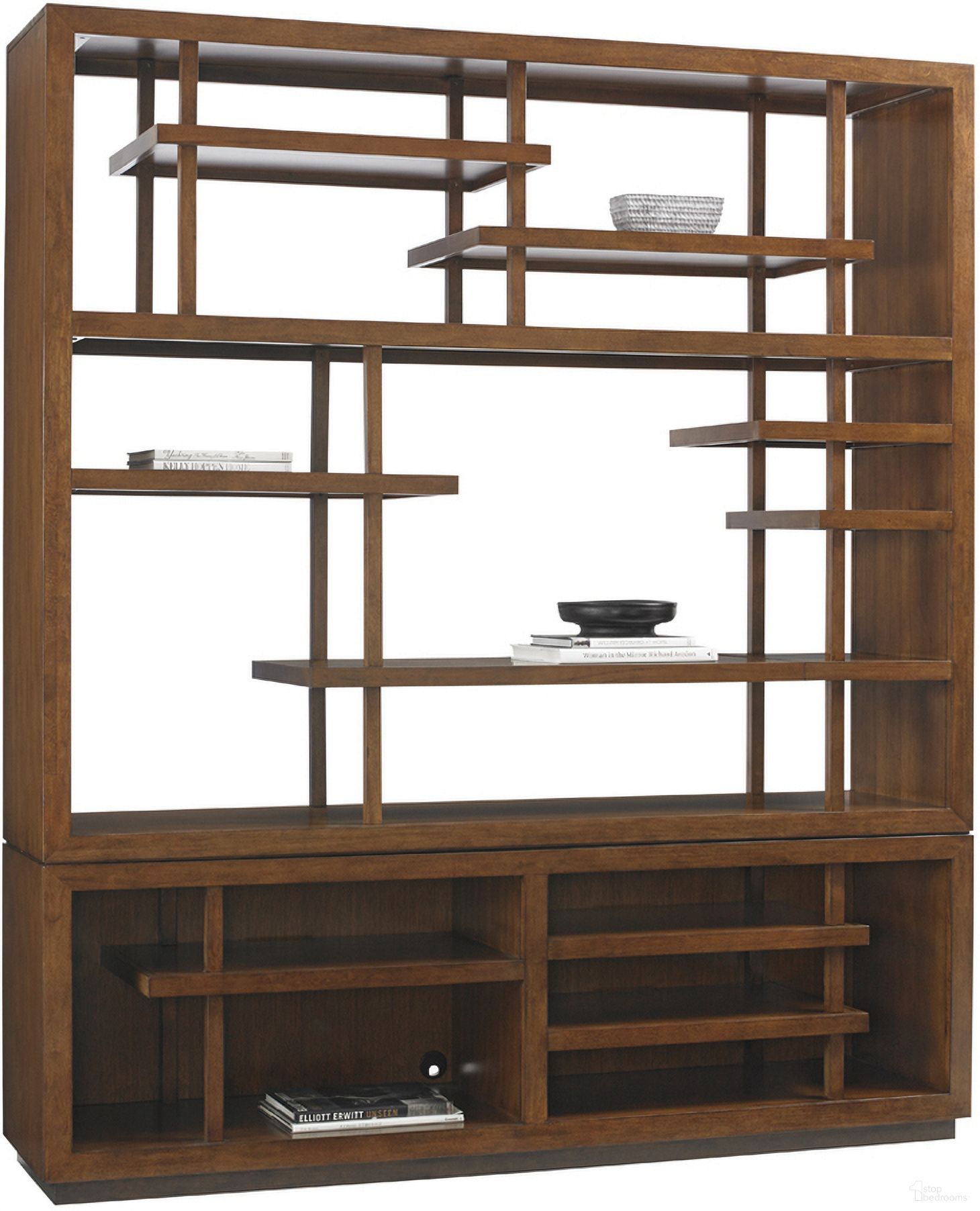 The appearance of Island Fusion Taipei Media Bookcase In Sebana designed by Tommy Bahama in the transitional interior design. This sebana piece of furniture  was selected by 1StopBedrooms from Island Fusion Collection to add a touch of cosiness and style into your home. Sku: 556-909C. Material: Wood.