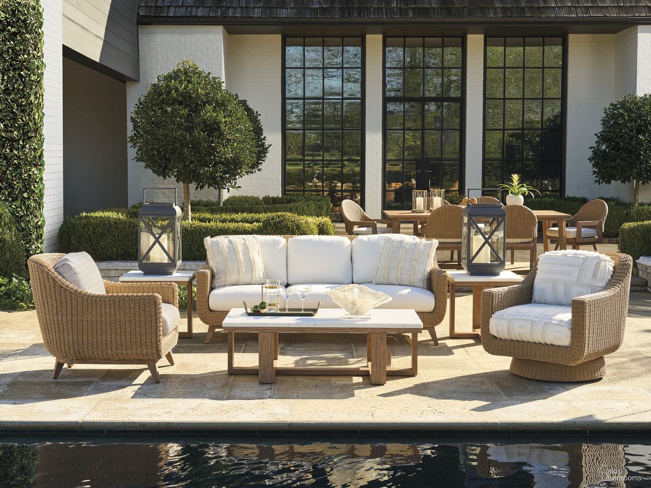 The appearance of Isle of Palms Outdoor Conversation Set In White designed by Tommy Bahama in the transitional interior design. This white piece of furniture  was selected by 1StopBedrooms from Isle Of Palms Collection to add a touch of cosiness and style into your home. Sku: 3380-33-60;3380-22-60. Material: Fabric.