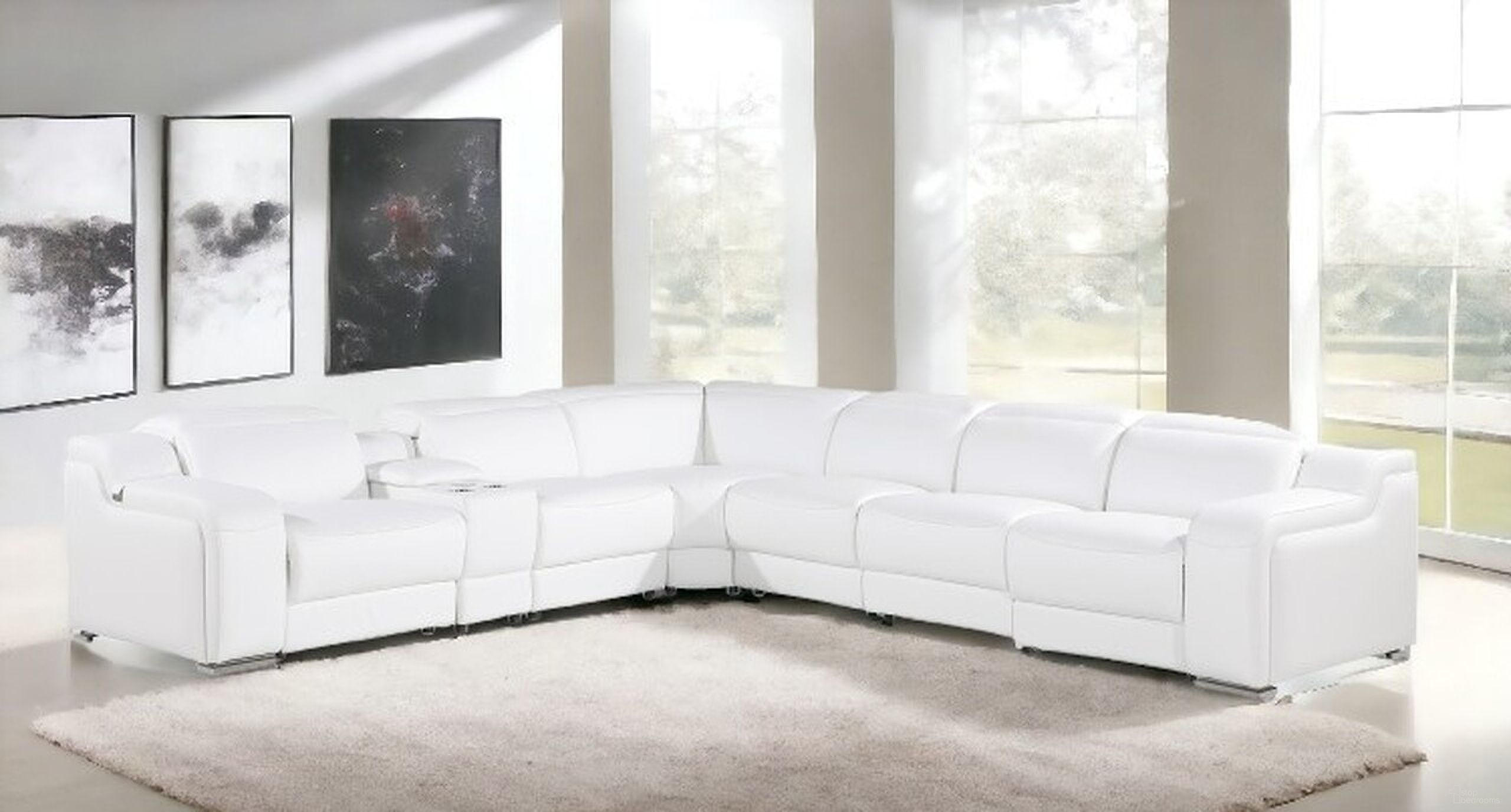 The appearance of Italian leather 3 power reclining seats L shaped Seven Piece Corner Sectional with Console In White designed by Homeroots in the modern / contemporary interior design. This white piece of furniture  was selected by 1StopBedrooms from  to add a touch of cosiness and style into your home. Sku: 544995. Material: Leather.