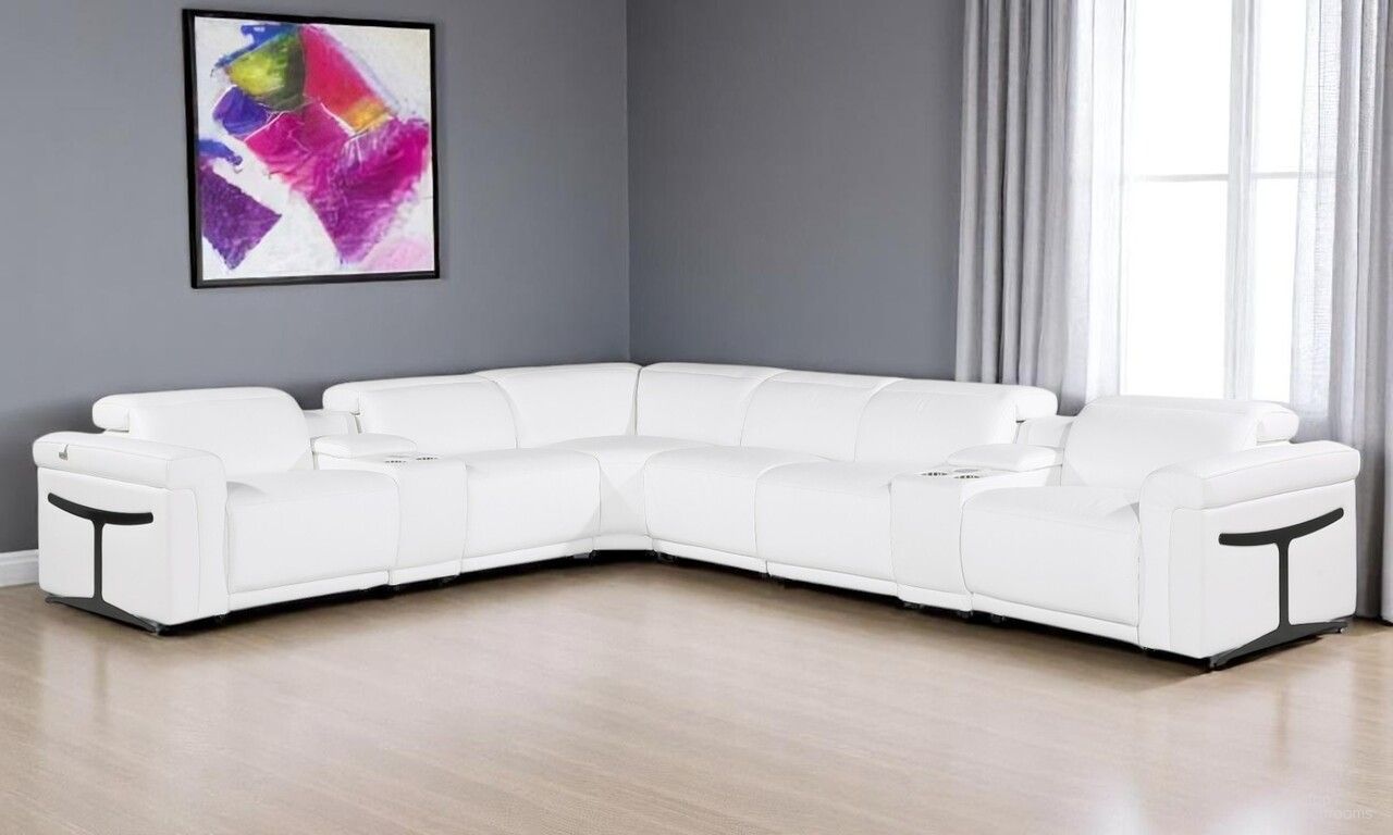 The appearance of Italian Leather Modular L Shaped Eight Piece Corner Sectional with Console In White designed by Homeroots in the modern / contemporary interior design. This white piece of furniture  was selected by 1StopBedrooms from  to add a touch of cosiness and style into your home. Sku: 534881. Material: Leather.