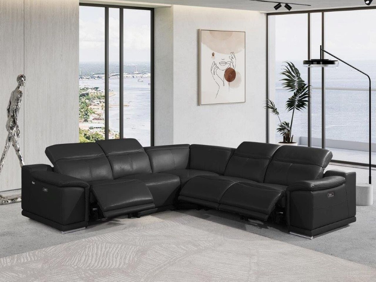 Italian Leather Modular L Shaped Five Piece Corner Sectional In Black