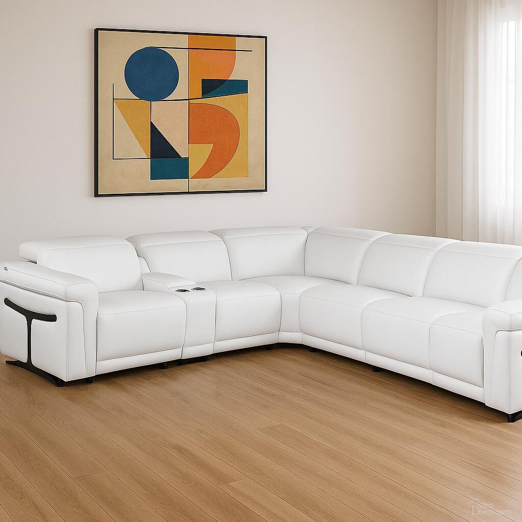 The appearance of Italian Leather Modular L Shaped Seven Piece Corner Sectional with Console In White designed by Homeroots in the modern / contemporary interior design. This white piece of furniture  was selected by 1StopBedrooms from  to add a touch of cosiness and style into your home. Sku: 534879. Material: Leather.