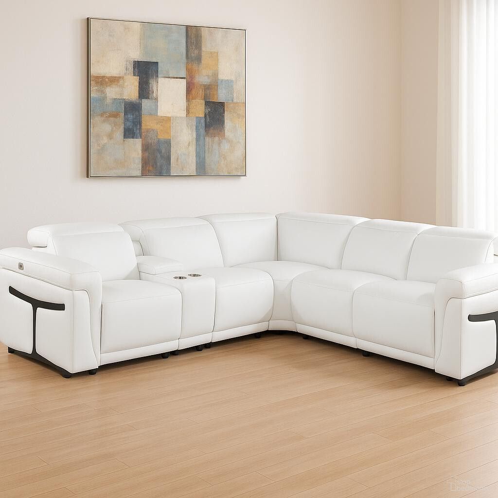 The appearance of Italian Leather Modular L Shaped Six Piece Corner Sectional with Console In White designed by Homeroots in the modern / contemporary interior design. This white piece of furniture was selected by 1StopBedrooms from to add a touch of cosiness and style into your home. Sku: 534877. Material: Leather.