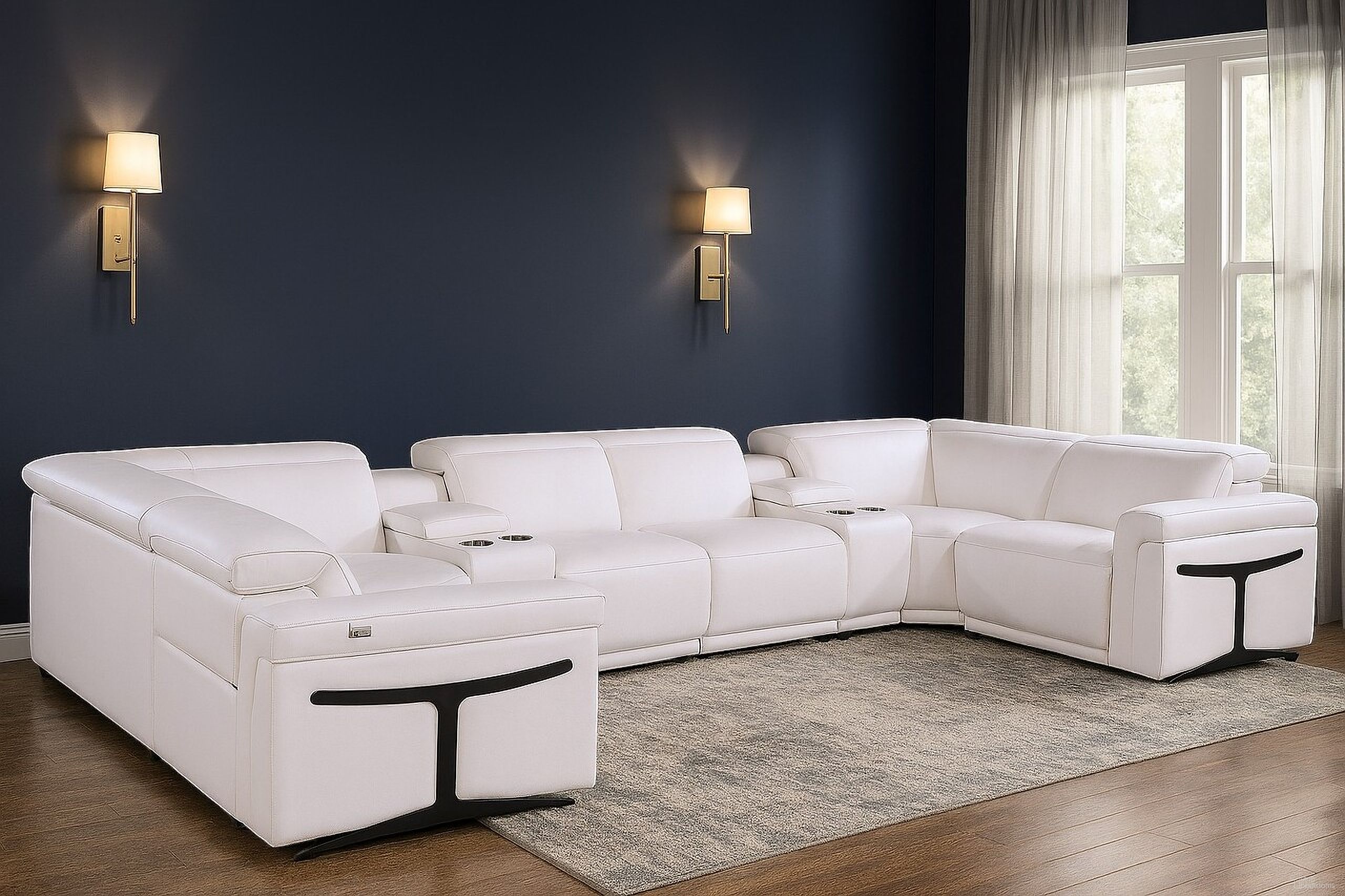 The appearance of Italian Leather Power Reclining U Shaped Eight Piece Corner Sectional with Console In White designed by Homeroots in the modern / contemporary interior design. This white piece of furniture  was selected by 1StopBedrooms from  to add a touch of cosiness and style into your home. Sku: 634672. Material: Leather.