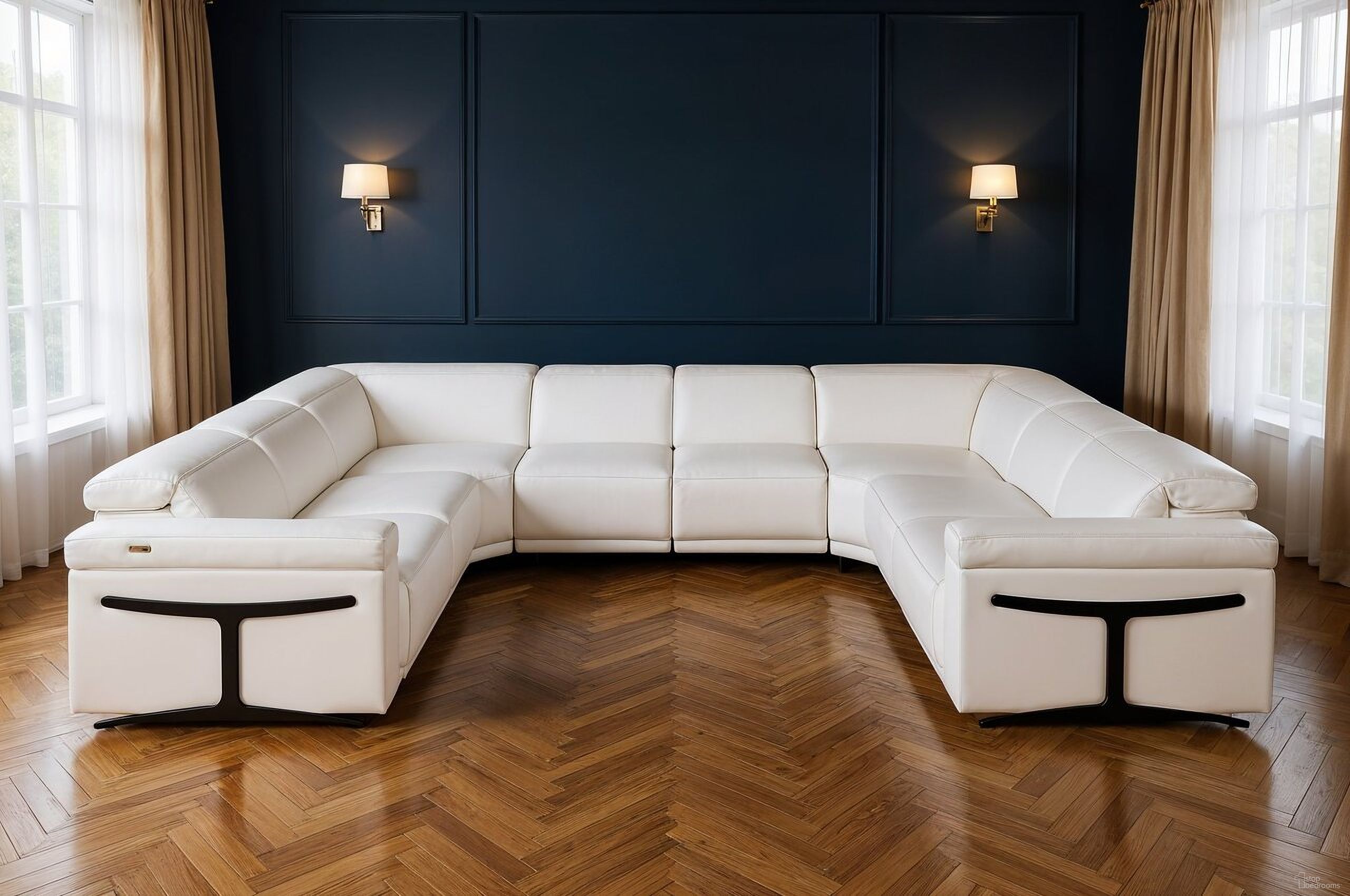 The appearance of Italian Leather Power Reclining U Shaped Eight Piece Corner Sectional with Console In White designed by Homeroots in the modern / contemporary interior design. This white piece of furniture  was selected by 1StopBedrooms from  to add a touch of cosiness and style into your home. Sku: 634680. Material: Leather.