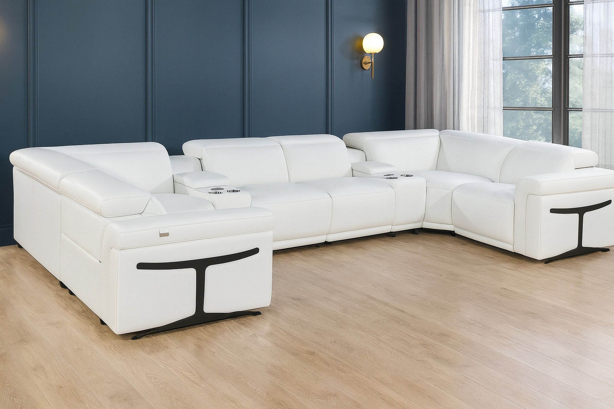 The appearance of Italian Leather Power Reclining U Shaped Eight Piece Sectional with Console In White designed by Homeroots in the modern / contemporary interior design. This white piece of furniture  was selected by 1StopBedrooms from  to add a touch of cosiness and style into your home. Sku: 634664. Material: Leather.