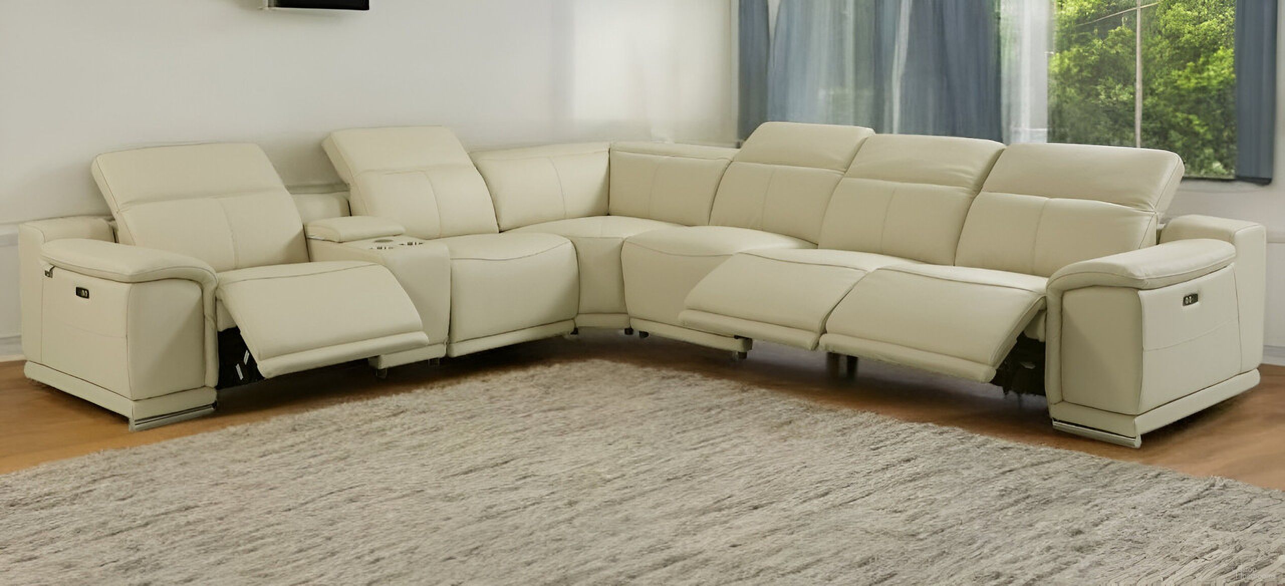 Italian Leather Power Reclining U Shaped Seven Piece Corner Sectional with Console In Beige