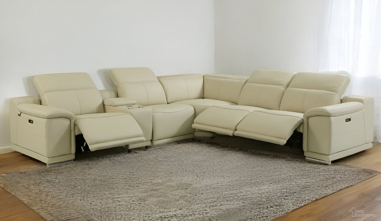 The appearance of Italian Leather Power Reclining U Shaped Six Piece Corner Sectional with Console In Beige designed by Homeroots in the modern / contemporary interior design. This beige piece of furniture was selected by 1StopBedrooms from to add a touch of cosiness and style into your home. Sku: 476587. Material: Leather. Layout: L-Shape.