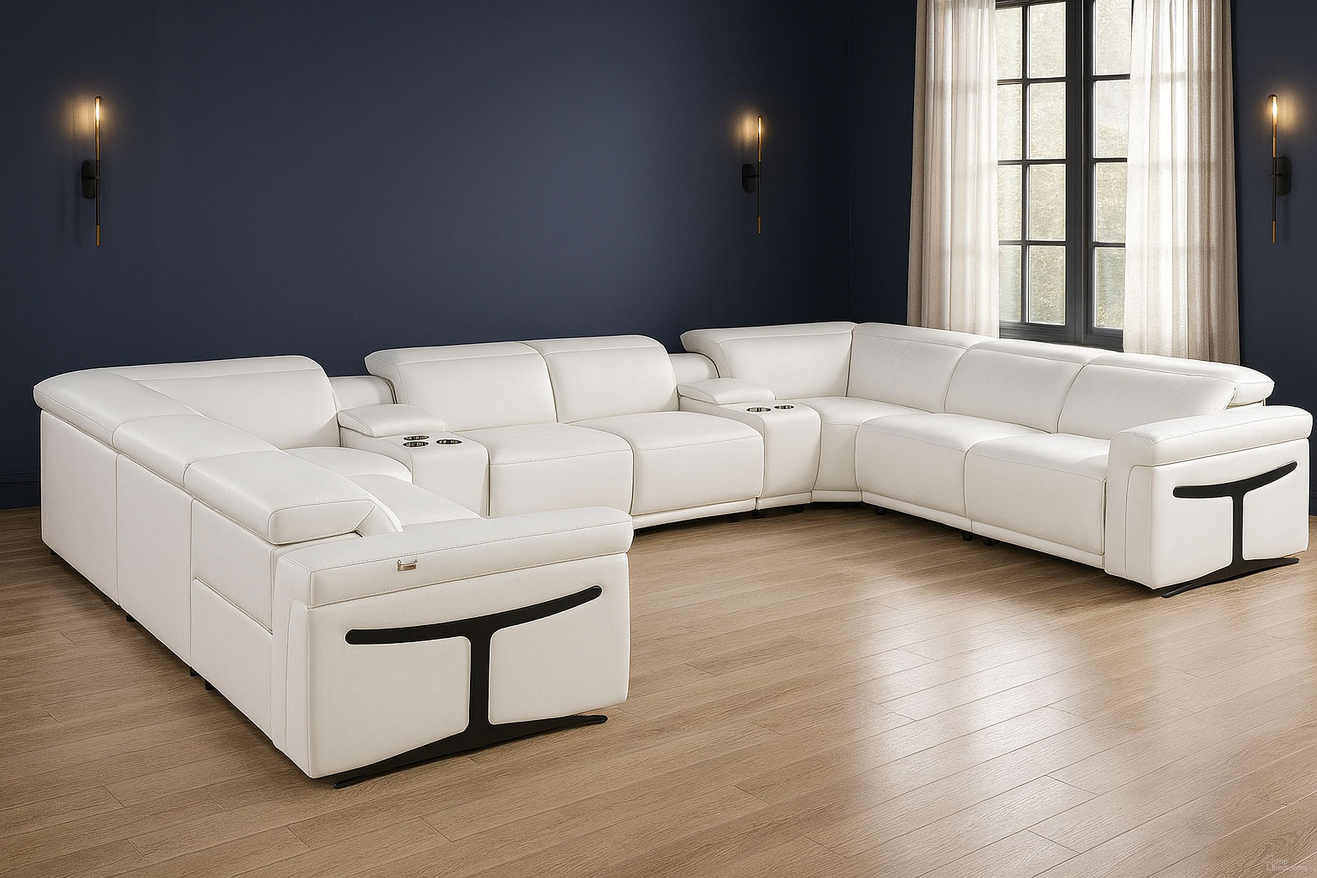The appearance of Italian Leather Power Reclining U Shaped Ten Piece Corner Sectional with Console In White designed by Homeroots in the modern / contemporary interior design. This white piece of furniture  was selected by 1StopBedrooms from  to add a touch of cosiness and style into your home. Sku: 634688. Material: Leather.