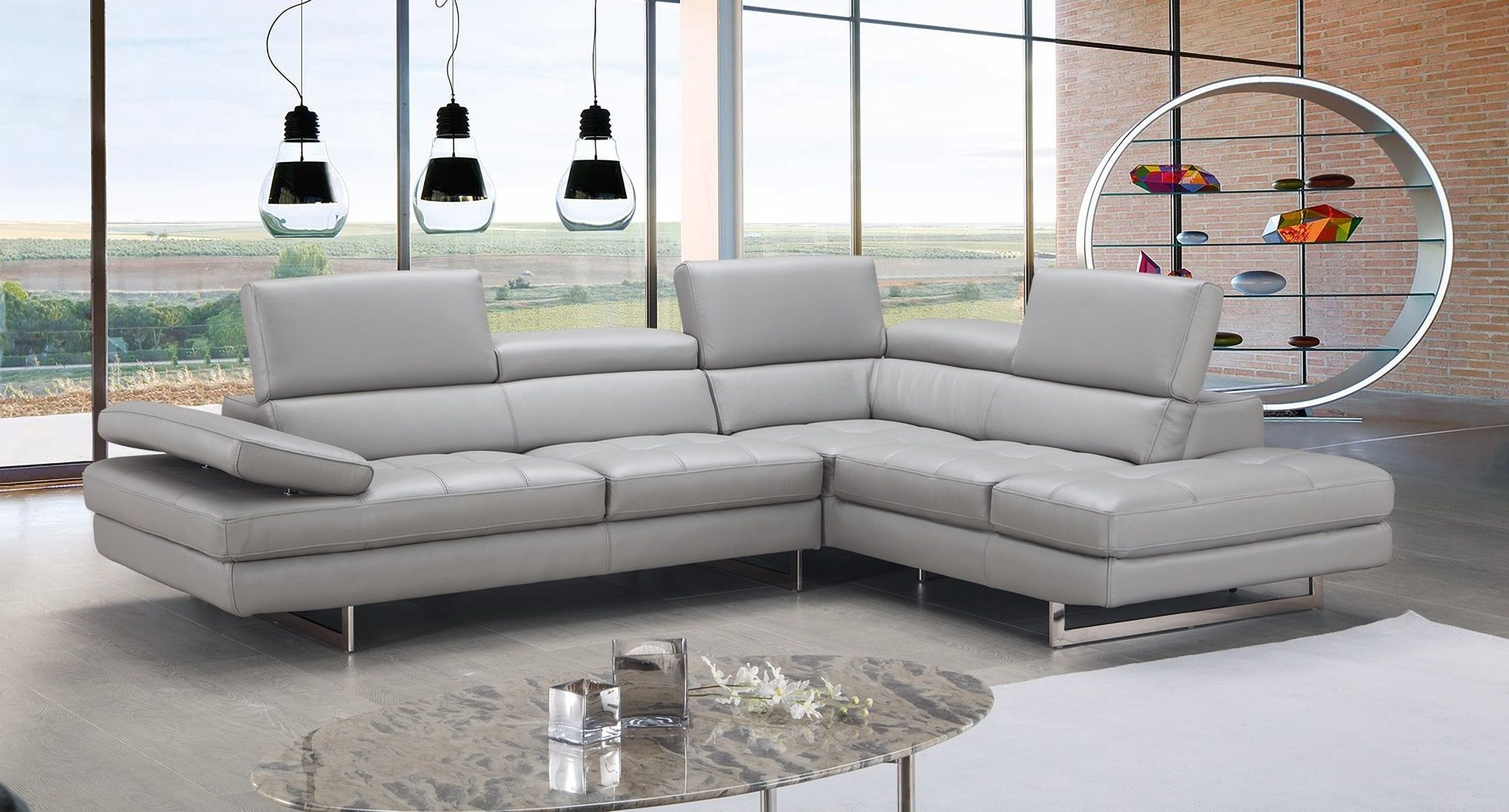 Italian Light Gray Leather RAF Sectional