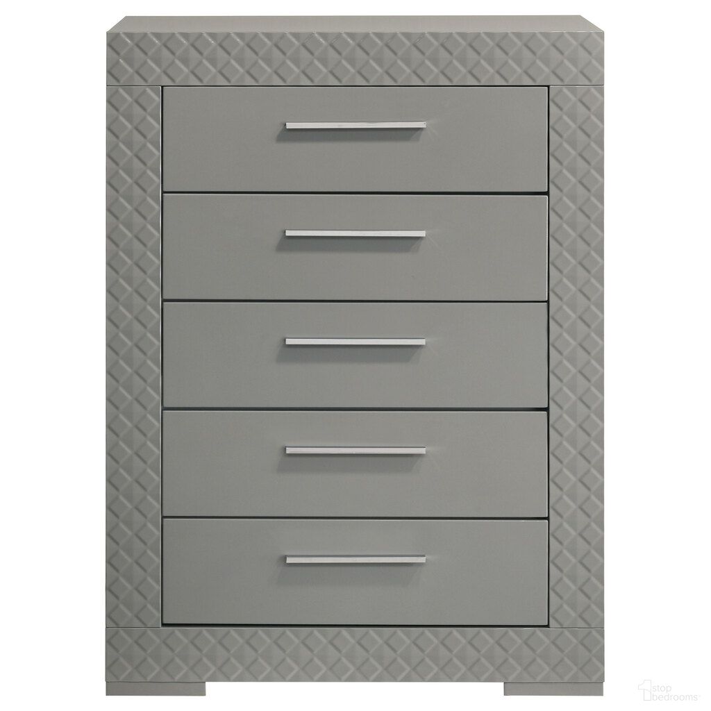 The appearance of Ives 5-Drawer Bedroom Chest of Drawers In Grey High Gloss designed by Coaster in the modern / contemporary interior design. This grey high gloss piece of furniture  was selected by 1StopBedrooms from Ives Collection to add a touch of cosiness and style into your home. Sku: 224975. Material: MDF.