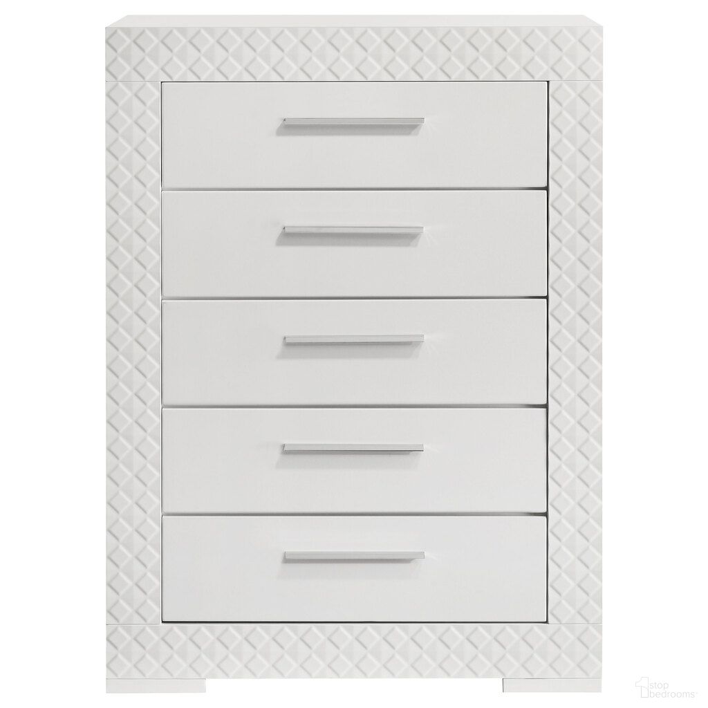 The appearance of Ives 5-Drawer Bedroom Chest of Drawers In White High Gloss designed by Coaster in the modern / contemporary interior design. This white high gloss piece of furniture was selected by 1StopBedrooms from Ives Collection to add a touch of cosiness and style into your home. Sku: 224945. Material: MDF.