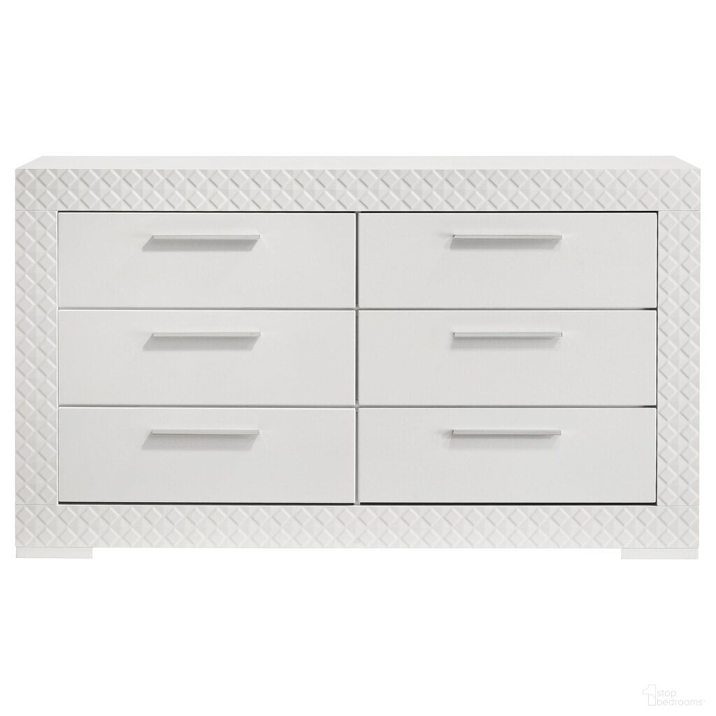 The appearance of Ives 6-Drawer Dresser Cabinet In White High Gloss designed by Coaster in the modern / contemporary interior design. This white high gloss piece of furniture was selected by 1StopBedrooms from Ives Collection to add a touch of cosiness and style into your home. Sku: 224943. Material: MDF.