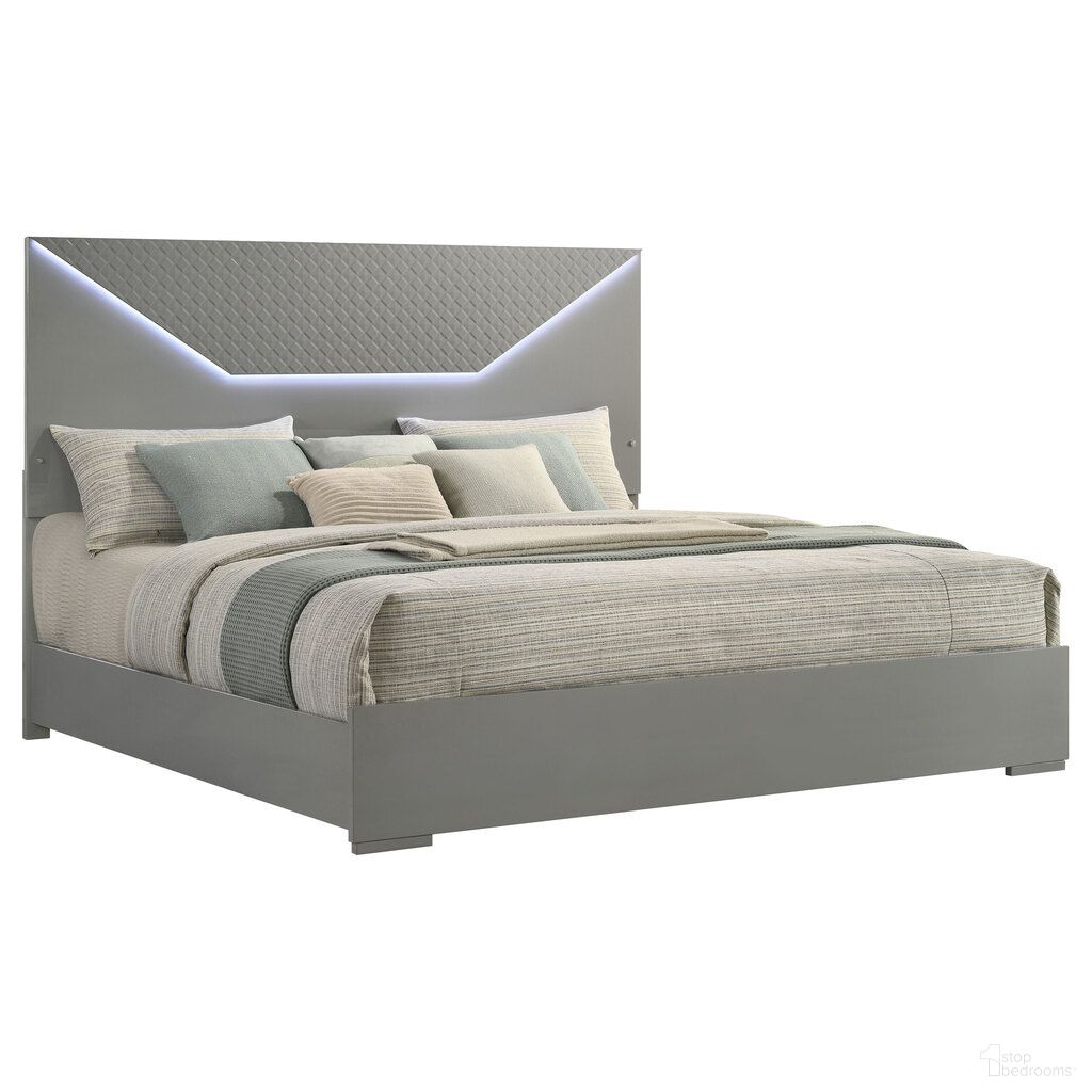 The appearance of Ives Eastern King Panel Bed LED Headboard In Grey High Gloss designed by Coaster in the modern / contemporary interior design. This grey high gloss piece of furniture was selected by 1StopBedrooms from Ives Collection to add a touch of cosiness and style into your home. Sku: 224971KEB1;224971KEB2. Bed Type: Panel Bed. Bed Size: King. Material: MDF.