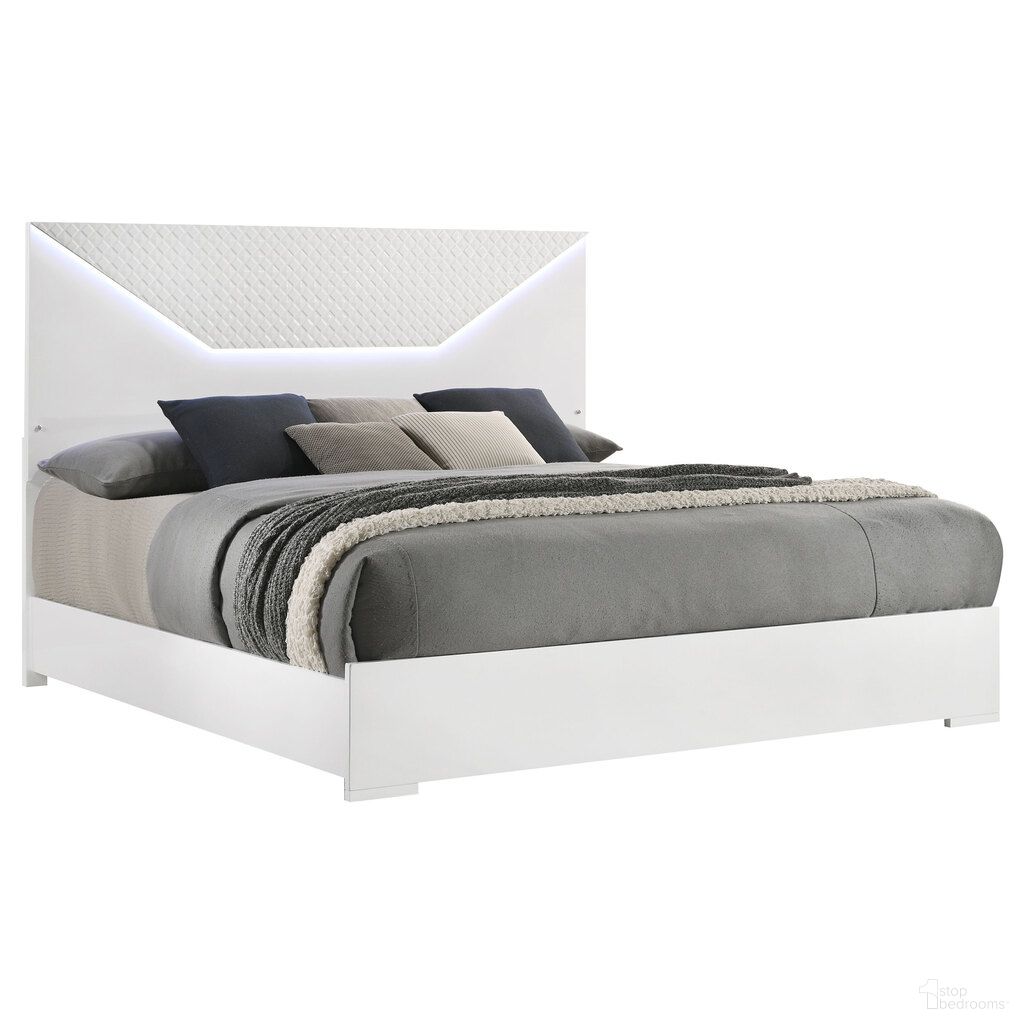 Ives Eastern King Panel Bed LED Headboard In White High Gloss
